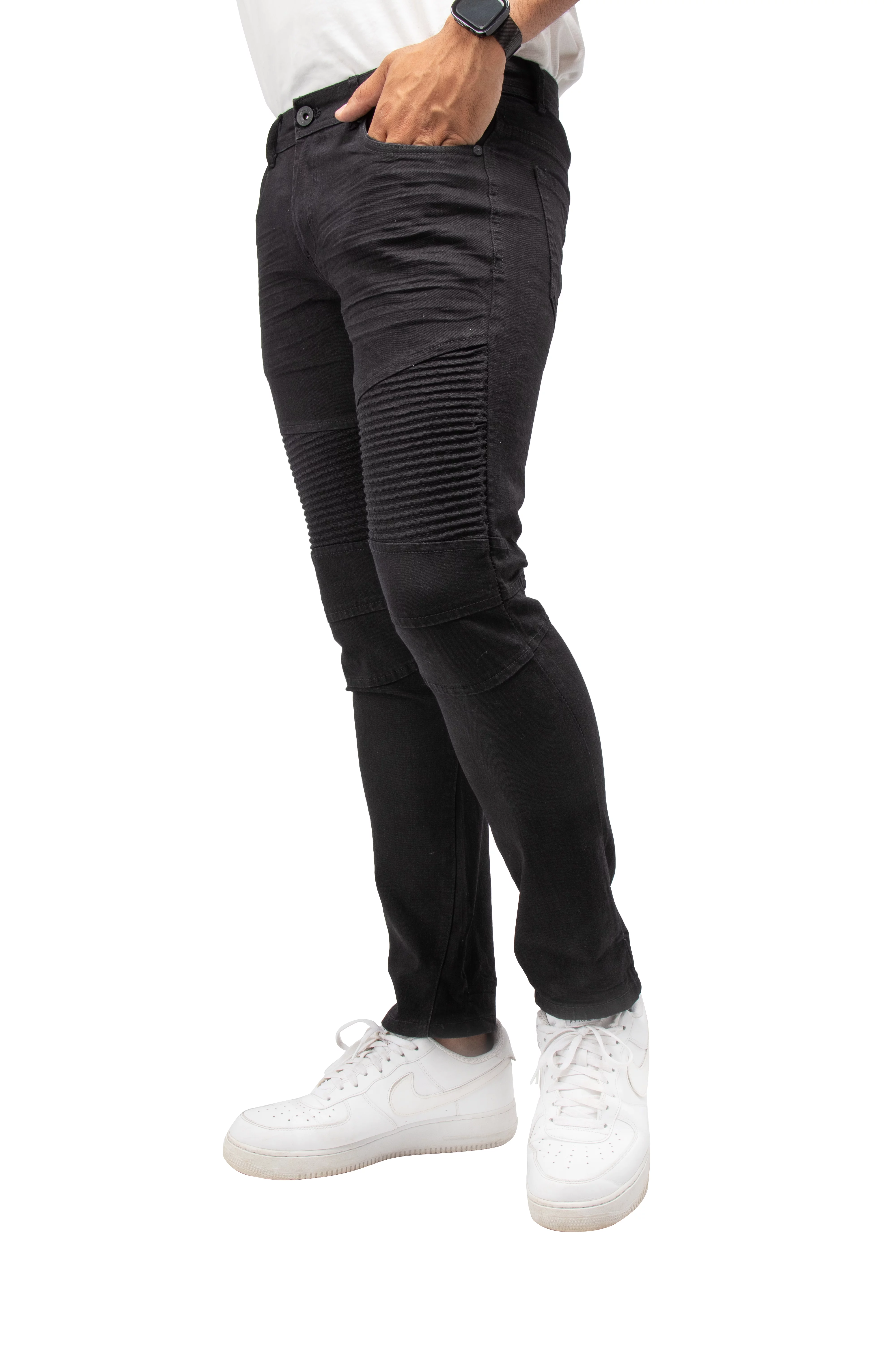 RAW X Men's Slim Fit Biker Jean, Comfy Flex Stretch Moto Wash Rip Distressed Denim Jeans Pants, Jet Black - 91208, 34W X 32L