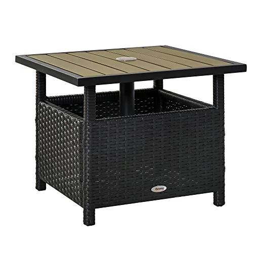Outsunny 22'' Rattan Wicker Side Table with Steel Frame, Umbrella Insert Hole, Sand Bag for Outdoor, Patio, Garden, Backyard, Black & Tan