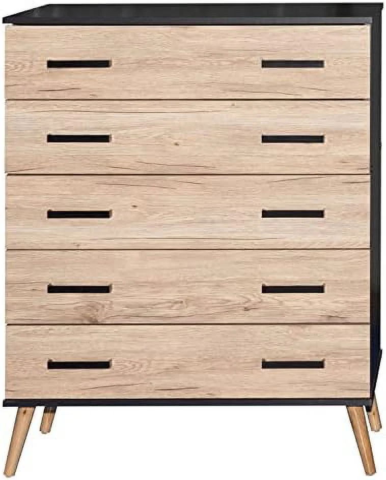xrboomlife Eli Mid-Century Modern 5 Drawer Chest in White & Natural Oak