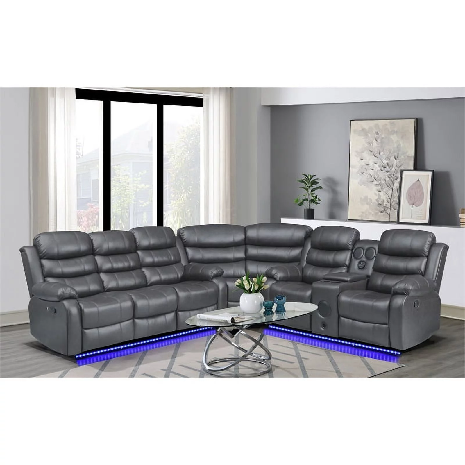 Bowery Hill Modern LED Faux Leather Reclining Sectional in Gray