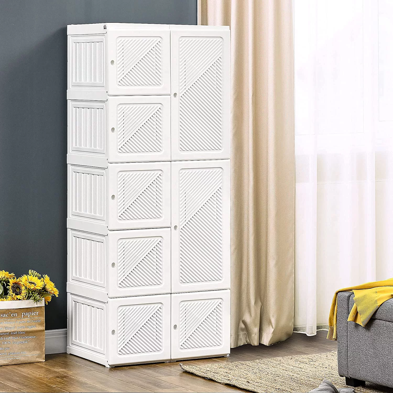 Portable Wardrobe Closet, Folding Bedroom Armoire, Clothes Storage Organizer with Cube Compartments, Hanging Rod, Magnet Doors, White