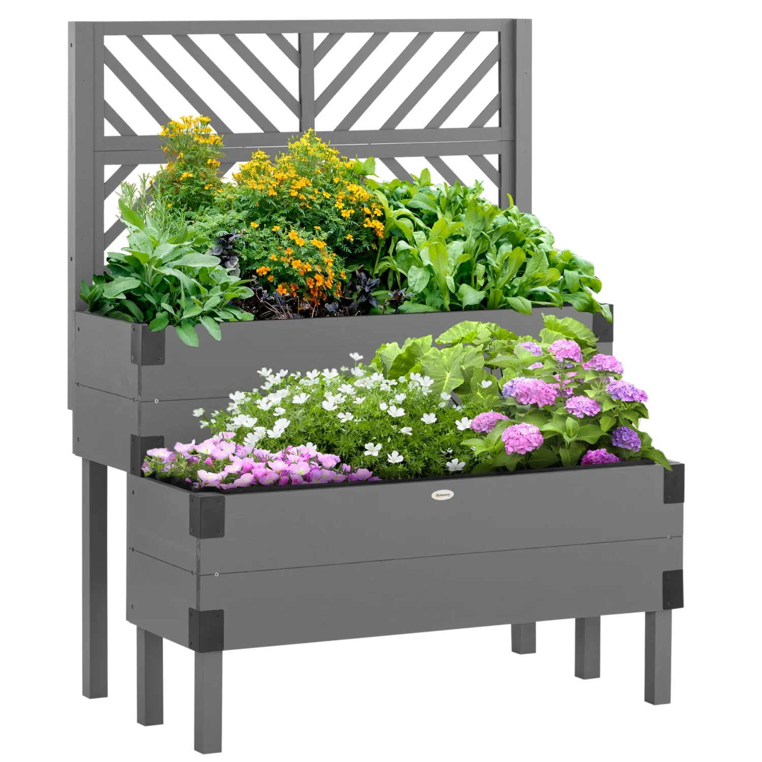 ZJbiubiuHome Raised Garden Bed with Trellis  2 Tier Wooden Elevated Planter Box with Legs and Metal Corners  for Vegetables  Flowers  Herbs  Gray