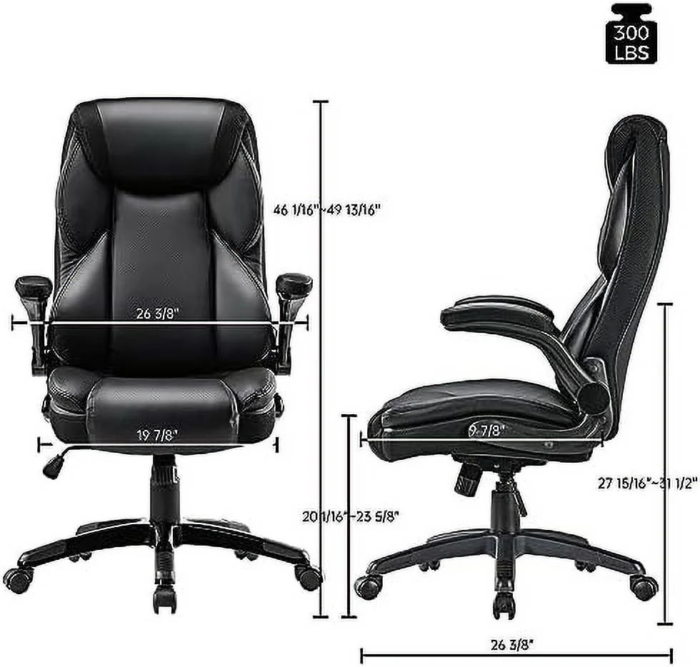 GEROBOOM ERGONOMIC Executive Office Chair Flip Up Arm   Leather Desk Chair Ergonomic Computer Chair  High Back Office Chair with Headrest  Home Office Desk Chairs with Wheels  Black