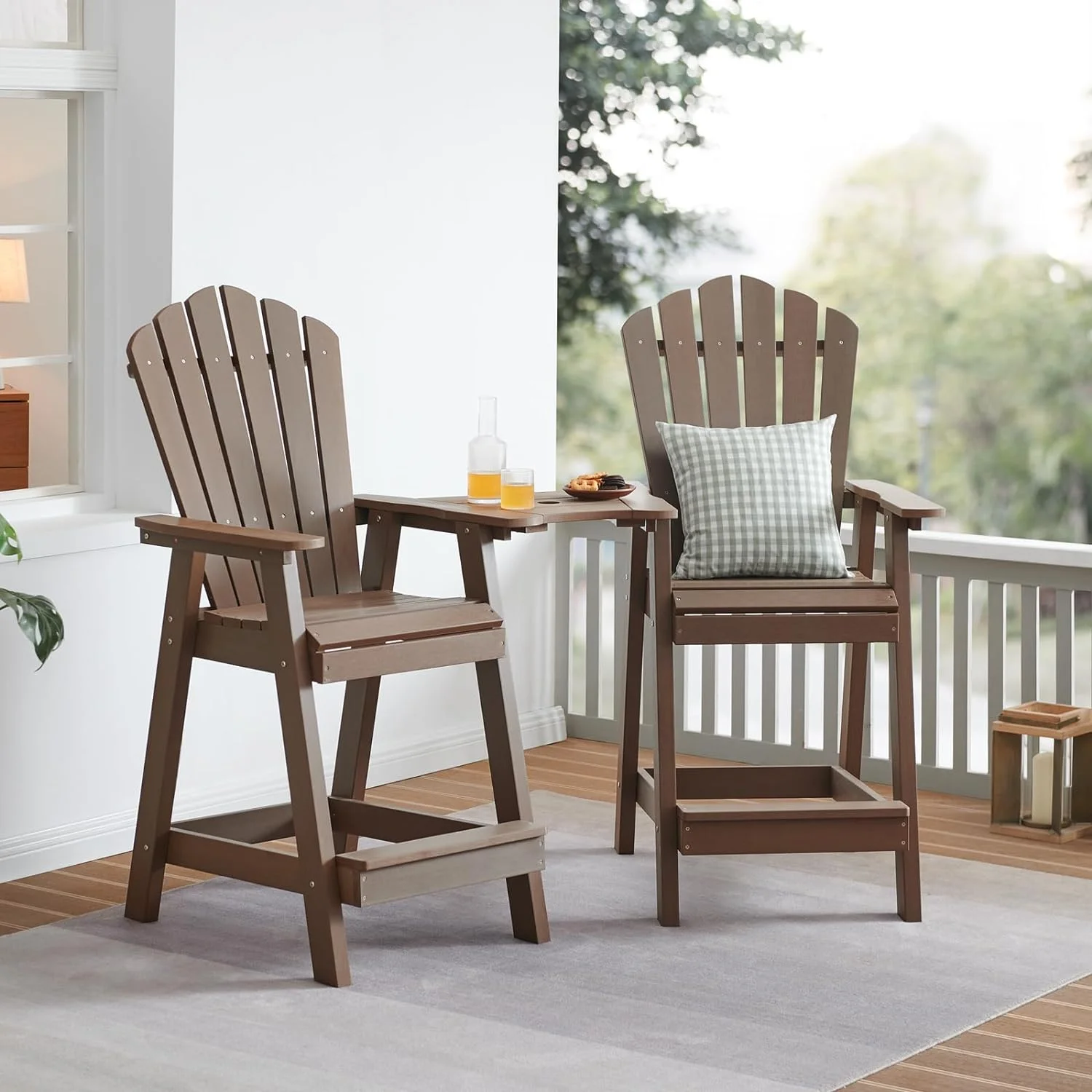 Tall Adirondack Chair Set Of 2, Lumber Outdoor Bar Stools With Connecting Tray, 350Lbs Support Patio Chairs For Balcony, Deck, Weather Resistant Outdoor Patio Furniture Sets (Brown)