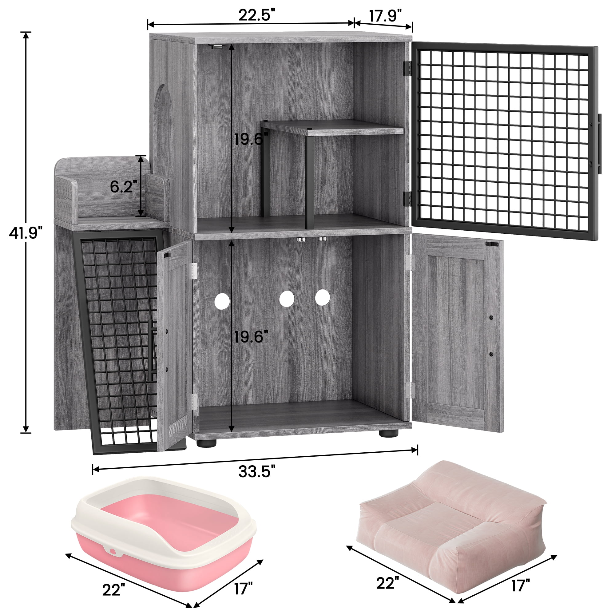 Towallmark 2 In 1 Hidden Litter Box Enclosure Furniture, 2 Storage Racks And 2 Drawers, Litter Box With Platform, Ladder, Indoor Cat Washroom, Rustic Grey