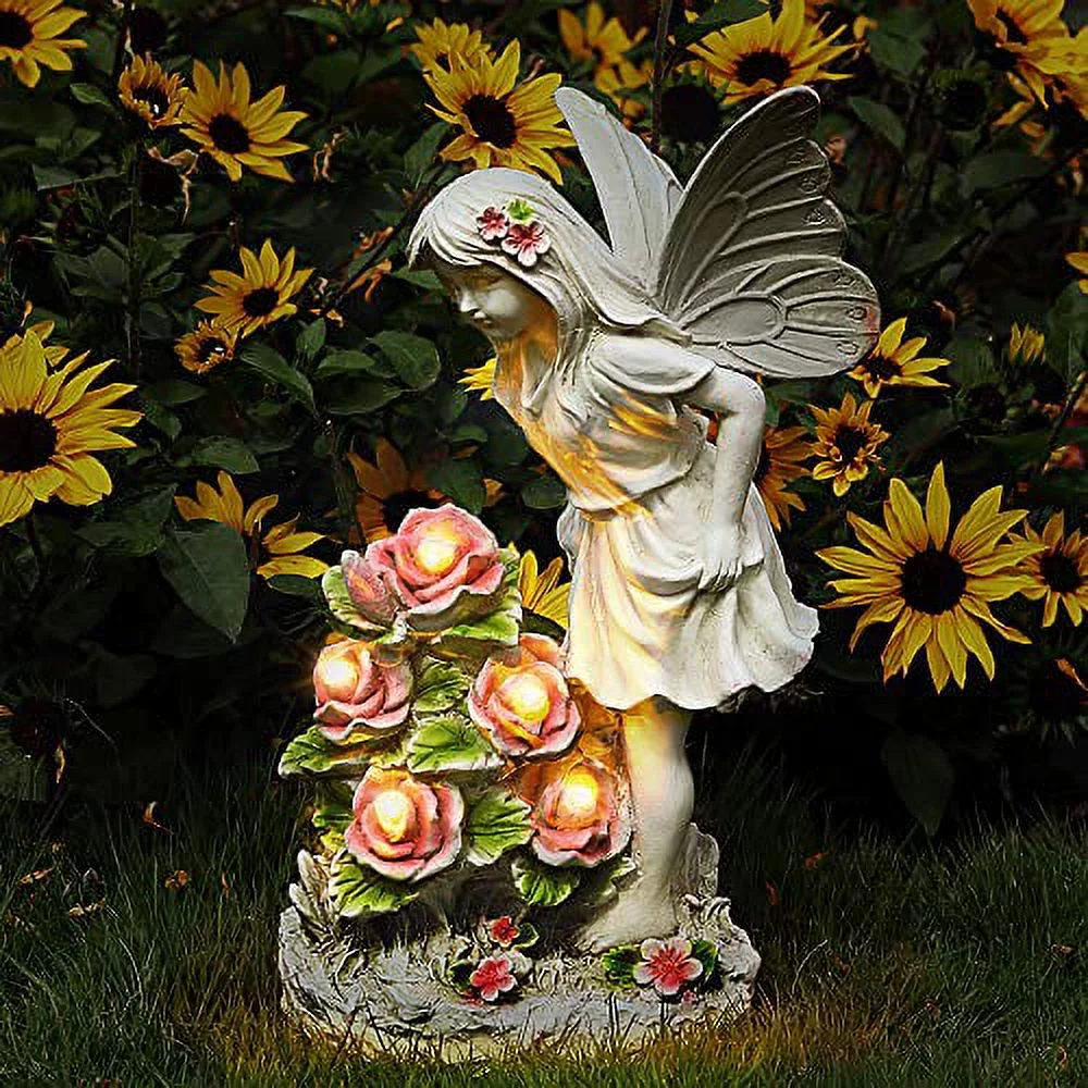 Voveexy Garden Figurines Angel Garden Statue Outdoor Decor, Solar Powered Resin Sculpture with 5 LEDs Art Decoration for Patio Lawn Yard Porch, Ornament Housewarming Garden Gift, 12.8 x 7.5 x 6.1 Inch