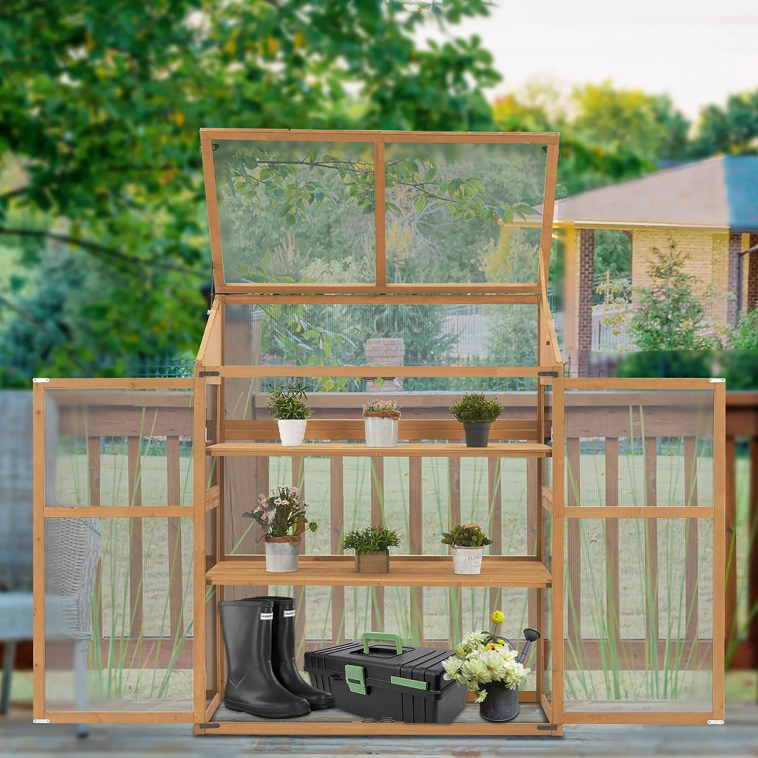 Cold Frame Greenhouse, Large Wooden Greenhouse Cabinet, Garden Cold Frame With Adjustable Shelves For Outdoor Indoor Use, 1344 (Natural)