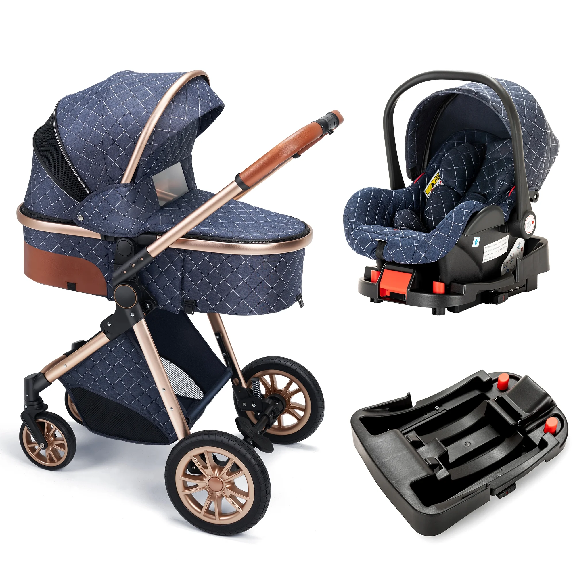 High Landscape Stroller Two-Way Push Newborn Convertible Stroller Bassinet for Infant(Blue)