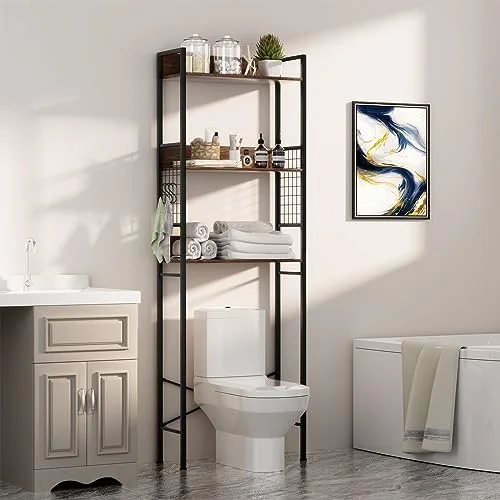 GEROBOOM Over-The-Toilet    3-Tier Bathroom Space Saver with 3 Hooks  Industrial Tower Rack for Restroom  Kitchen  Freestanding Bathroom Organizer (Rustic Brown)