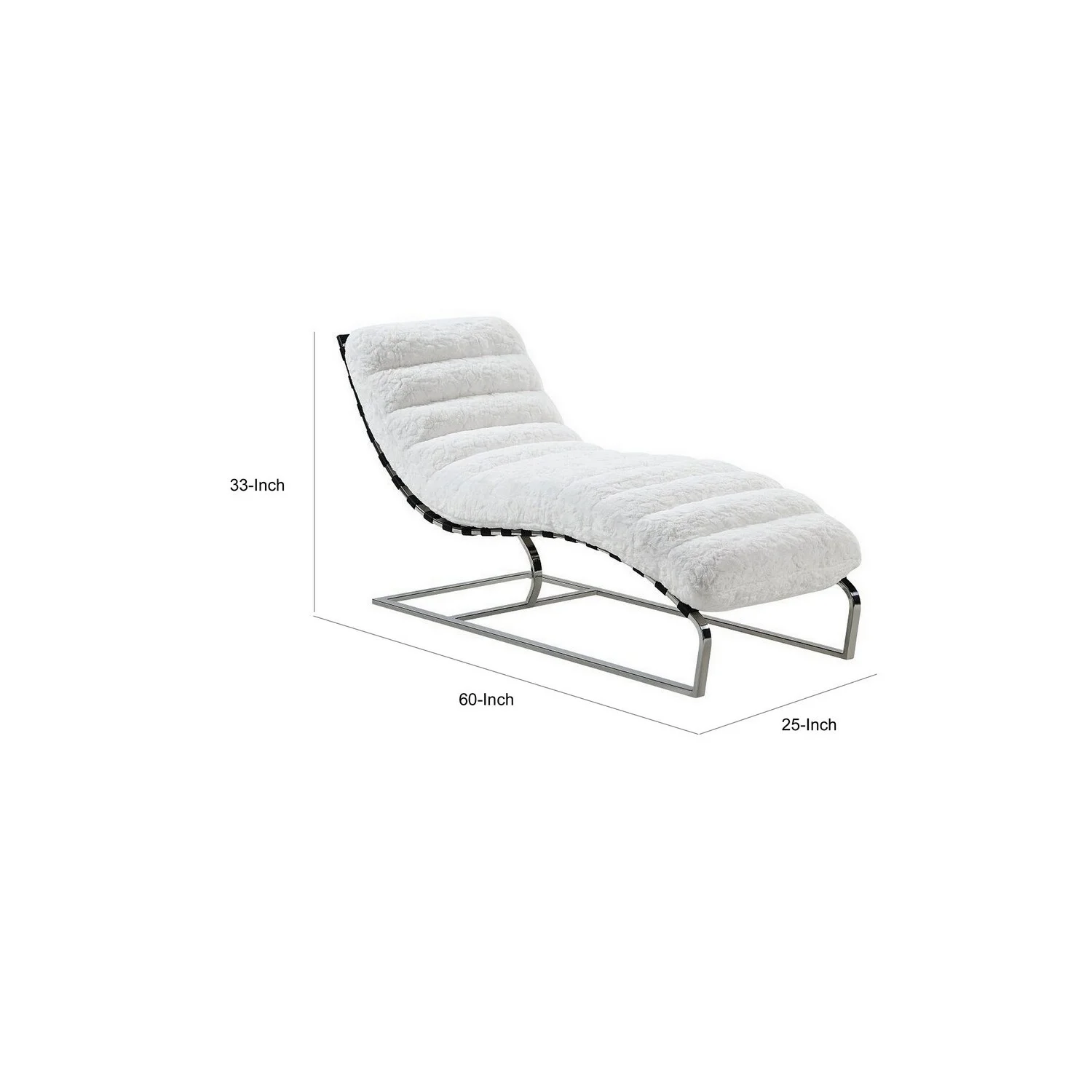 Benjara 60 Inch Chaise Lounger, White Teddy Sherpa Upholstery, Stainless Steel Legs