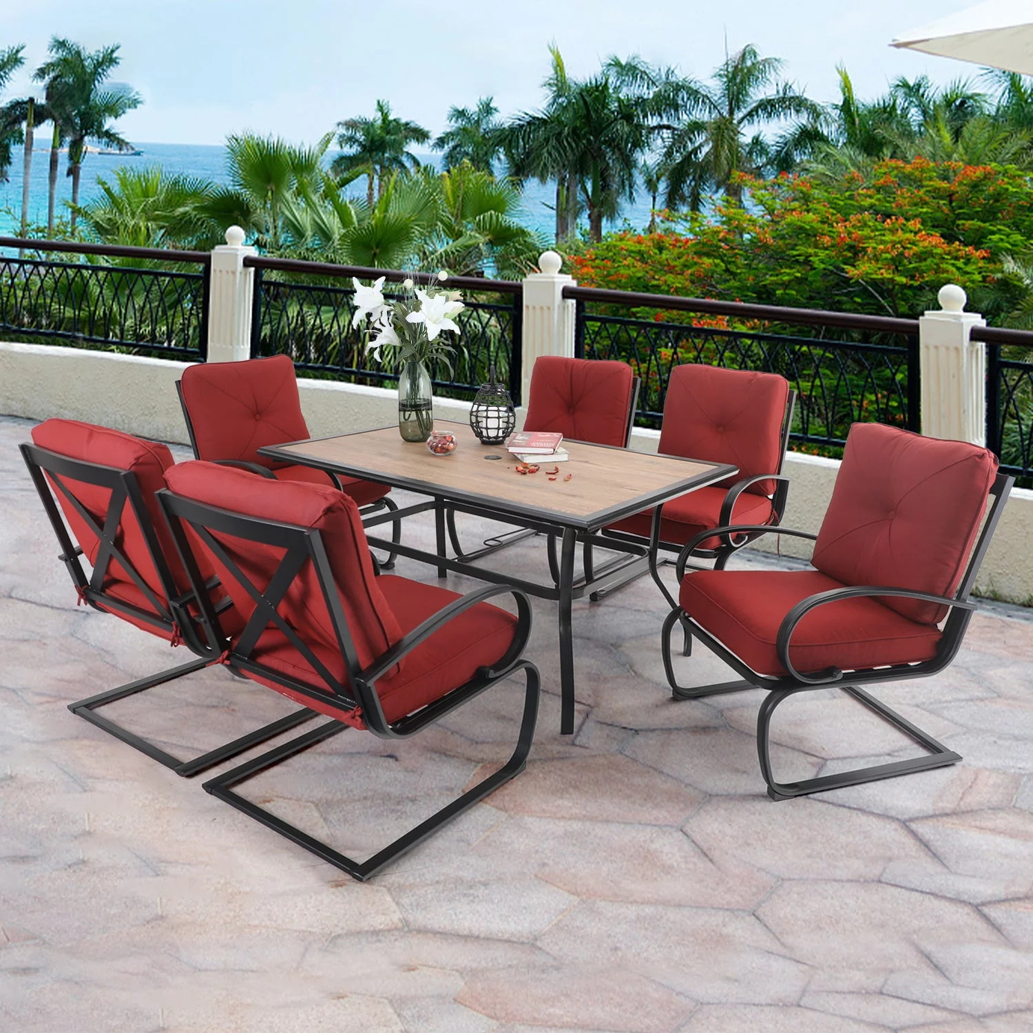 Sophia&William 7-Piece Outdoor Patio Dining Set C-Spring Padded Chairs & Teak Wood Table Furniture Set