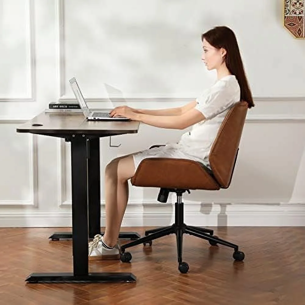 CGFHYP Armless Home Office Chair Brown Leather Desk Chair with Wheels  Wide Modern Office Chair with 40° tiltable backrest  Capicity 400lbs