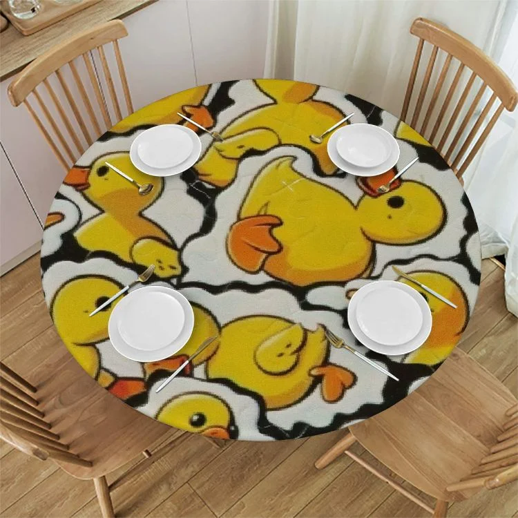 Pingxixi  Yellow Cartoon Duck Round Fitted Tablecloth with Elastic Protector Table Cloth Kitchen Dinner Waterproof Oil-Proof Table Covers  White