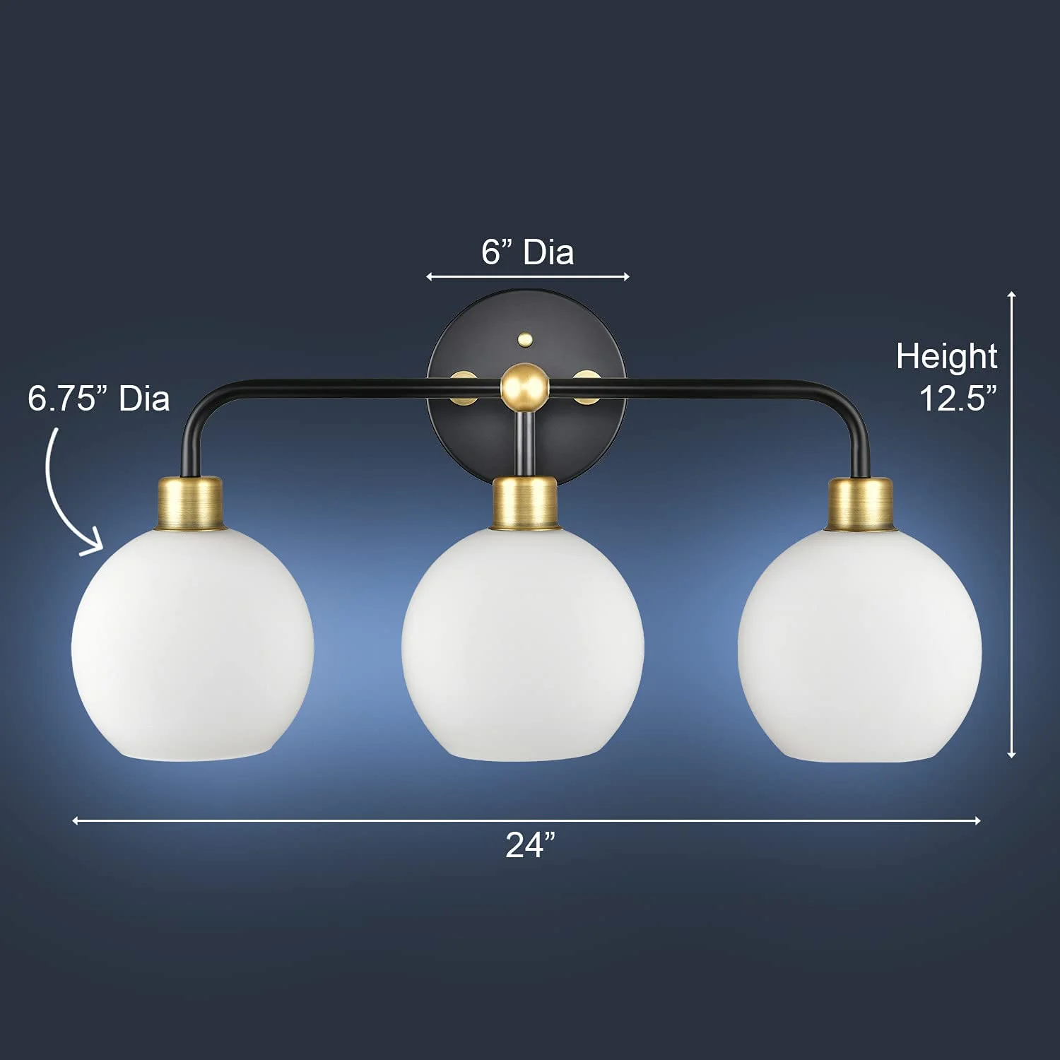 HYUN Modern Bathroom Vanity Lights Fixtures 3-Lights Over Mirror Lighting Matte Black and Gold Vanity Lights for Bathroom Light Fixtures Frosted Glass Covers, UL Listed