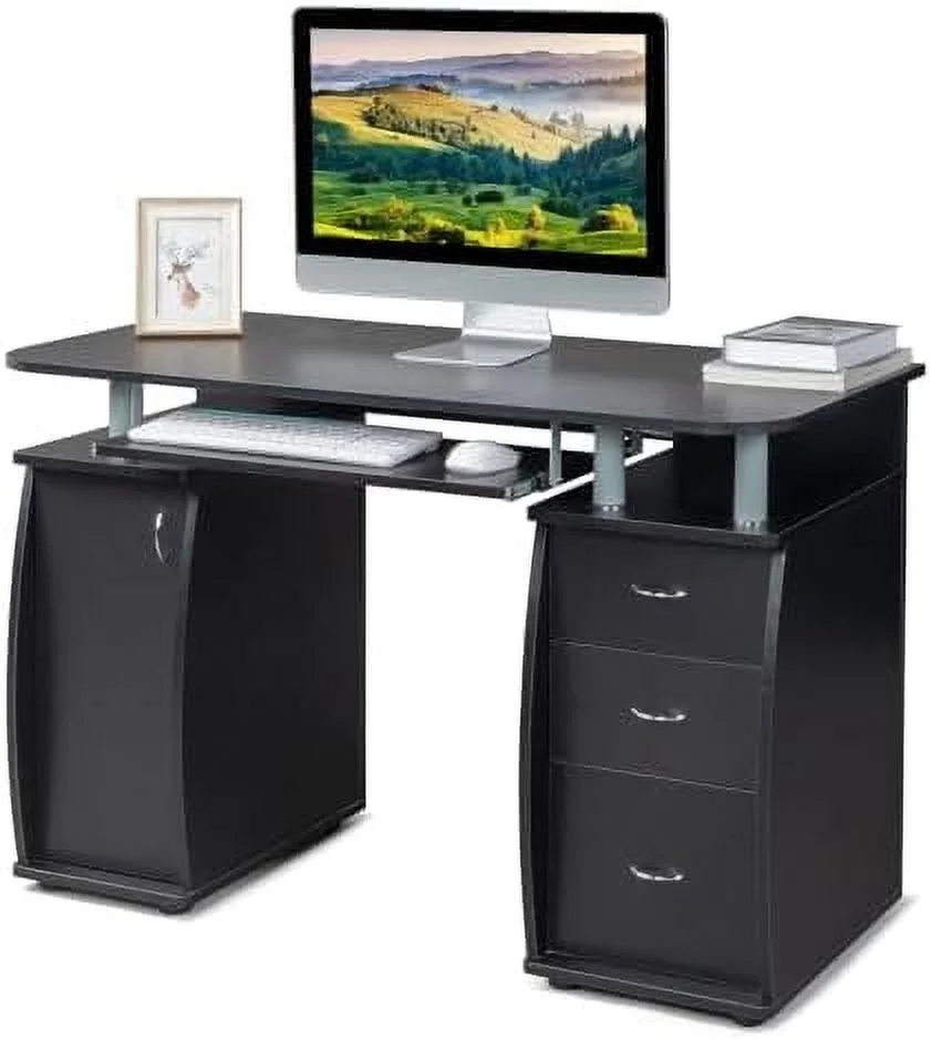 YPDCHB Computer Desk with Drawers &  Cabinet  Small Office Desk PC Laptop Workstation for Home  Studio  Office  Apartment  Black