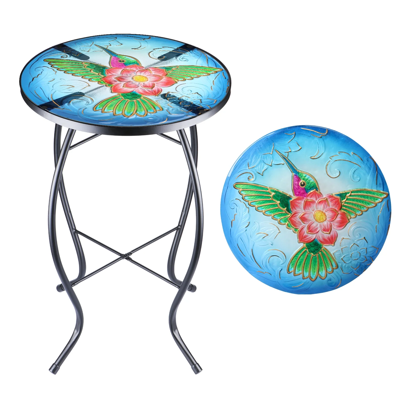 Wonder Garden 21 Inch Table Round Outdoor End Tables for Patio Mosaic Glass Tabletop Coffee Table Plant End Table Small Porch Table Indoor Green and Blue Hummingbird