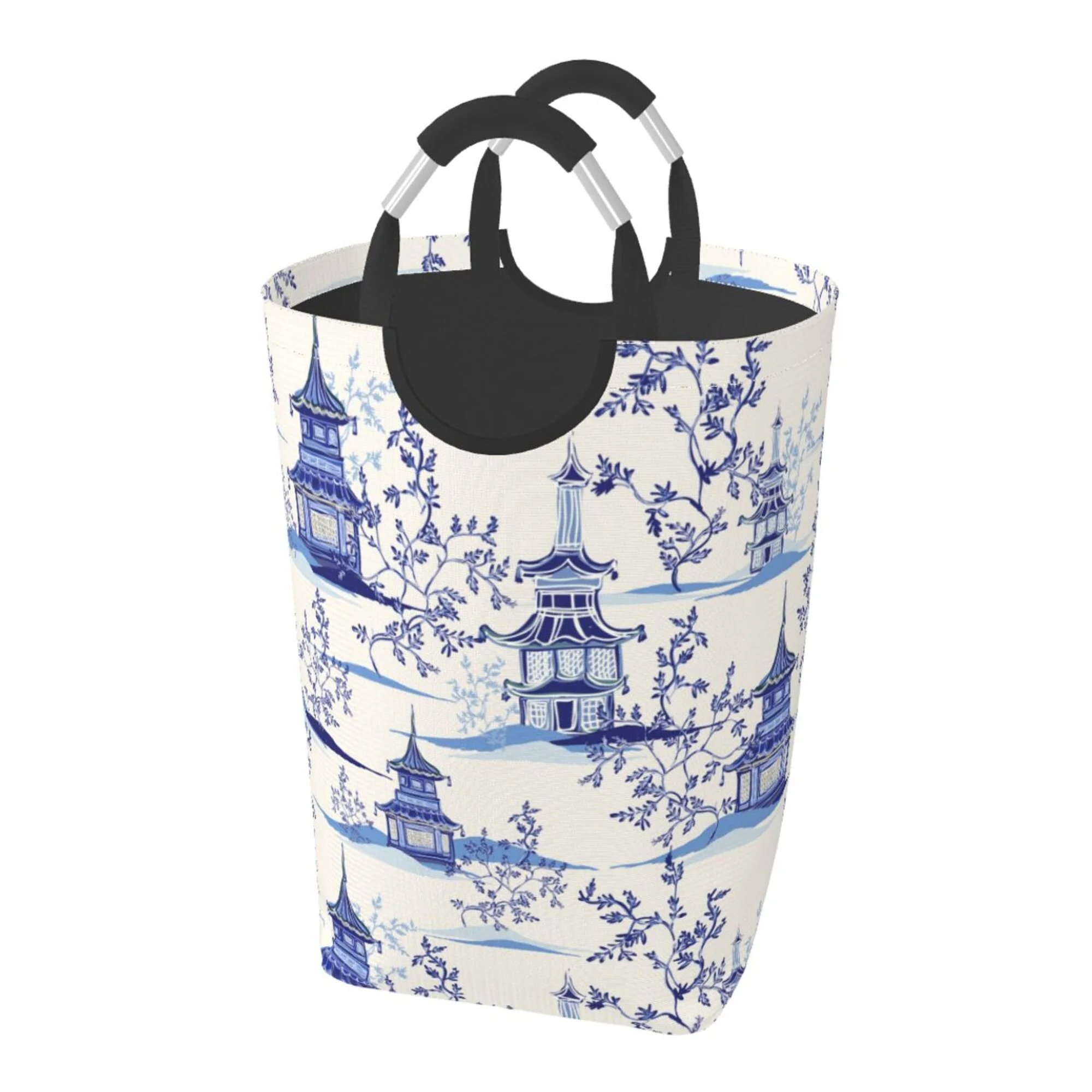 TEQUAN 50L Large Rectangular Laundry Hamper with Aluminum Handles, Vintage Ink Blue Chinoiserie Prints Waterproof Foldable Dirty Clothes Basket