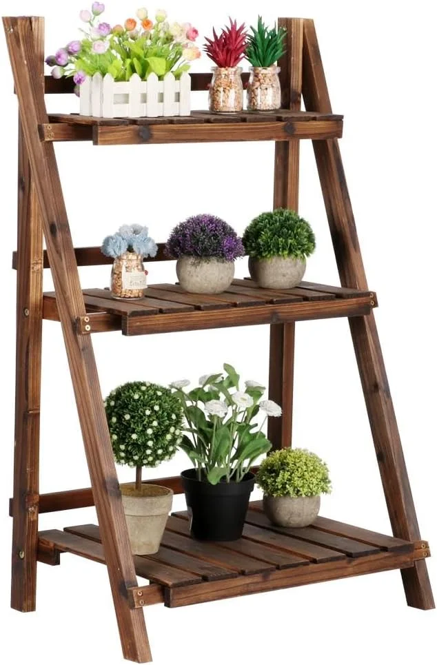 3-Tier Folding Plant Stand Wooden Foldable Plant Shelf Flower Pot Stand Plants Display Shelf Rack Ladder Garden Indoors Outdoors 23.6 x 15 x 36.6in