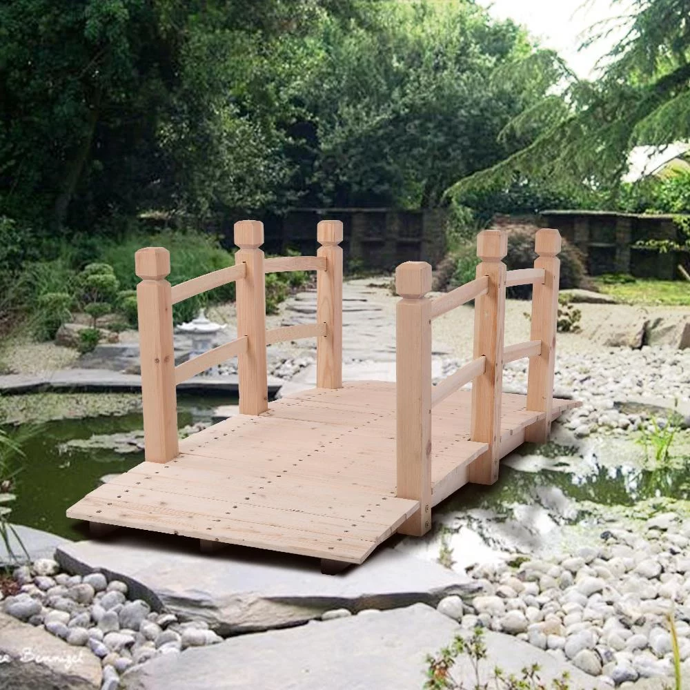 GoDecor 5ft Garden Bridge,Classic Wooden Arch with Safety Rails Natural Finished Footbridge