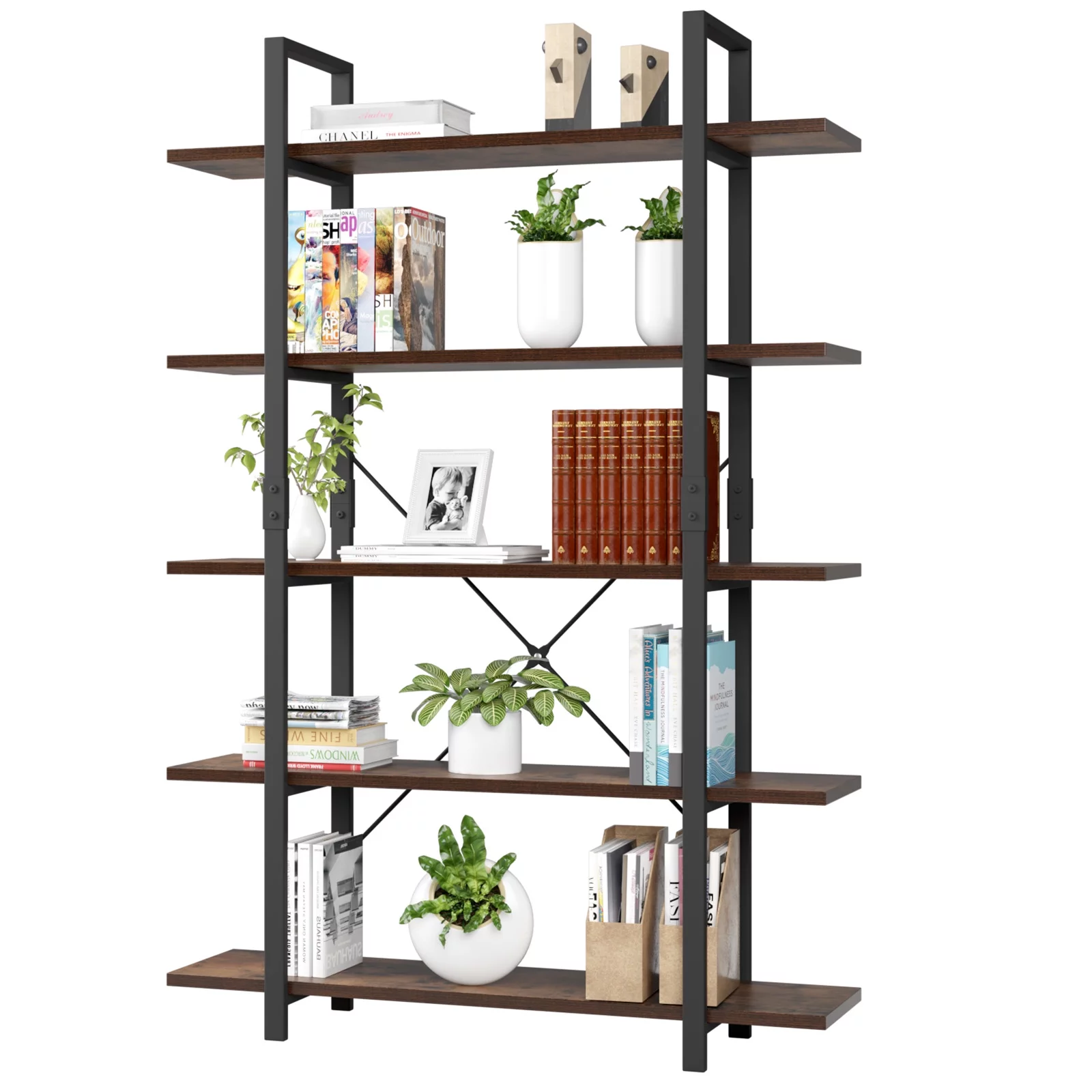 Homfa 5-Tier Industrial Bookshelf, 69'' Free Standing Bookcase with Open Display Shelving Unit for Living Room, Rustic Brown