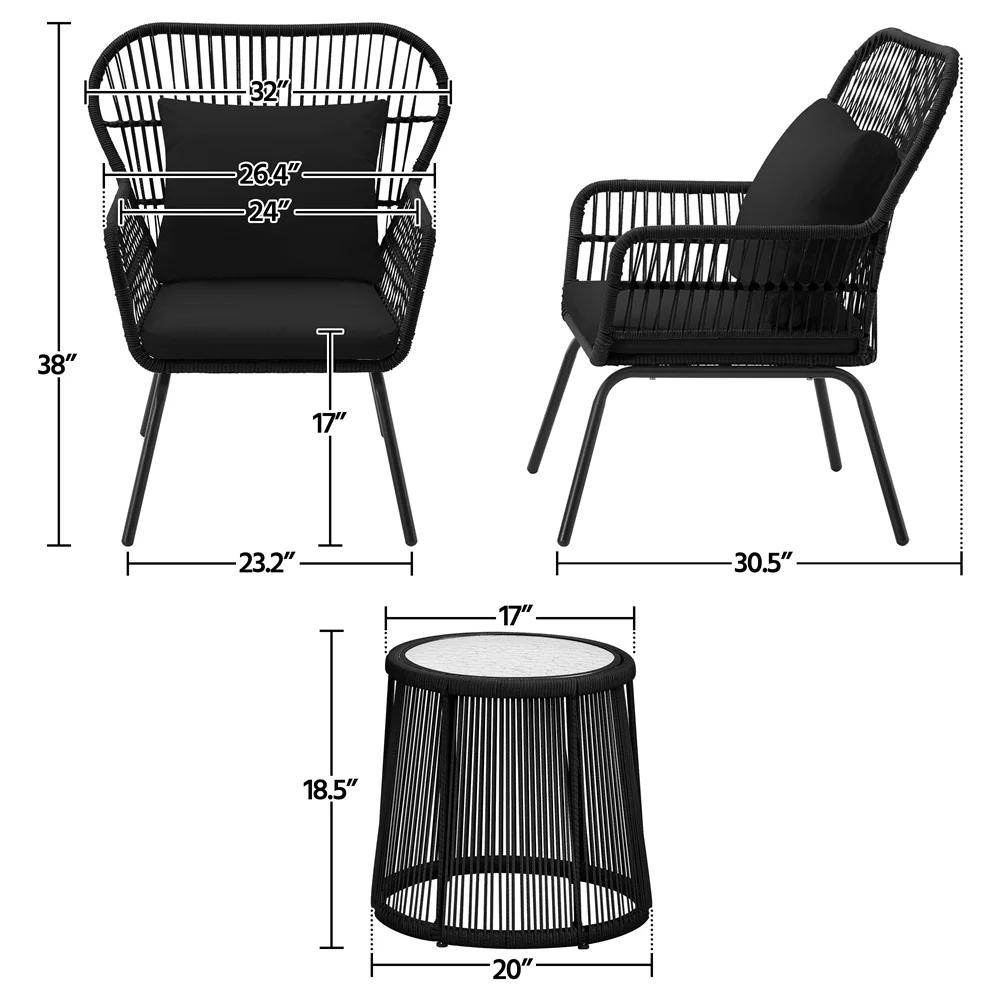 Renwick 3-Piece Patio Bistro Furniture Set with Pillows, Black