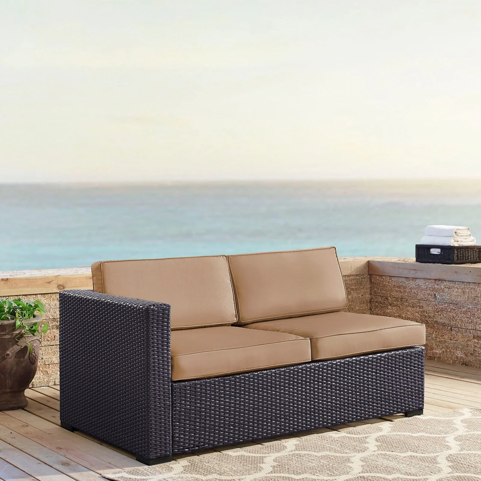 Crosley Furniture Biscayne Wicker / Rattan Patio Loveseat in Brown and Mocha