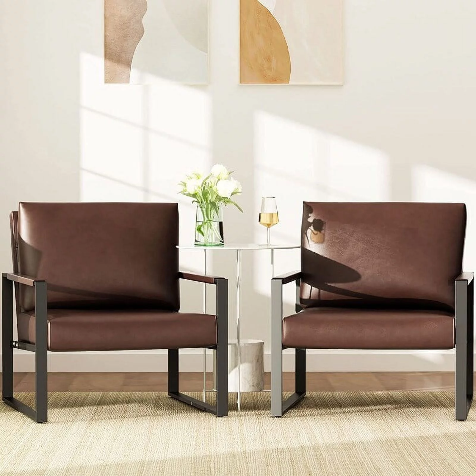 Eureka Modern Vintage Upholstered PU Leather Armchairs, Mid Century Accent Chairs with Steel Frame, Leisure Chairs (Set of 2) Brown Powder Coated,