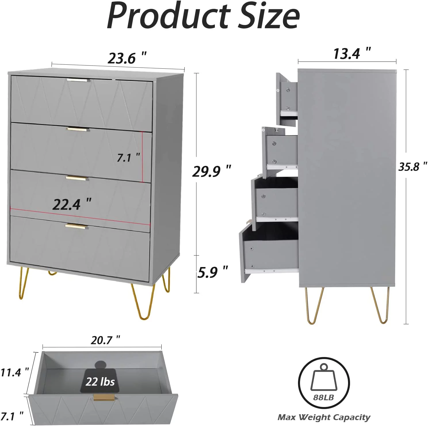 4 Drawer Dresser, Drawer Chest, Tall Storage Dresser Cabinet Organizer Unit with Metal Legs for Bedroom, Living Room, Closet (Gray/4 Drawer)…