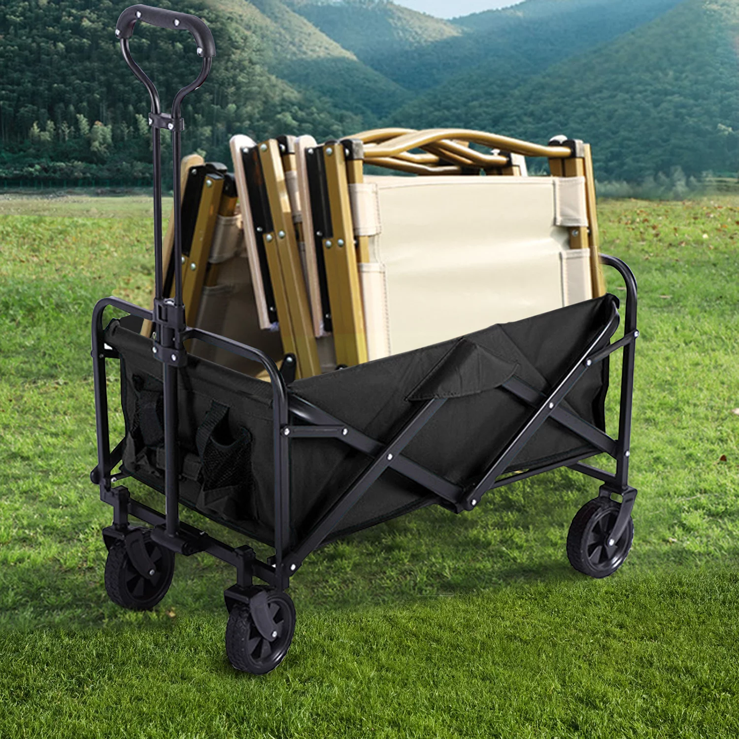 Otufan Folding Wagon Cart Portable Utility Trolley Outdoor Camping Cart Garden Cart with Universal Wheels and Adjustable Handle, 27.5in, Black