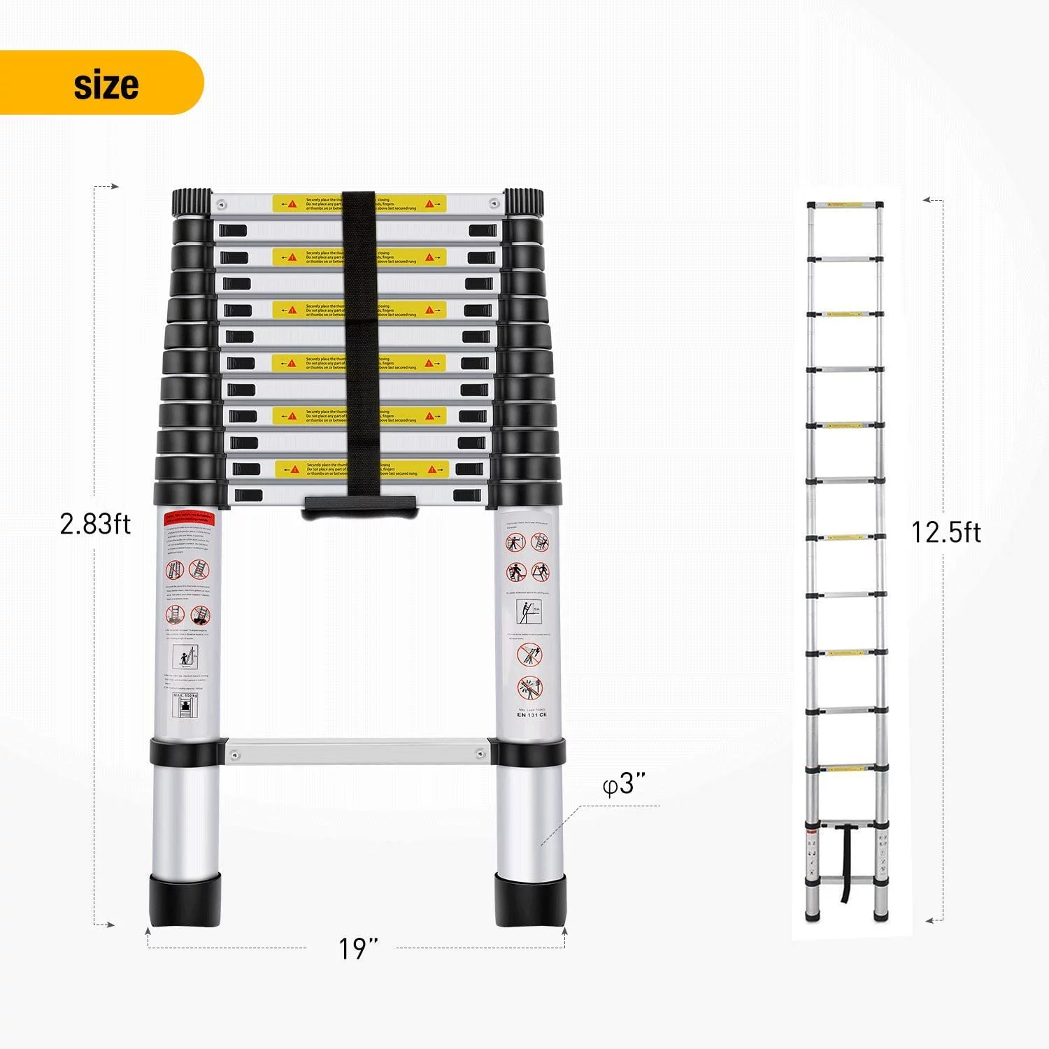 YANRUI 12.5ft Telescoping Ladder Aluminum Telescopic Extension Multi Purpose Ladders EN131 Certified - Extendable with Spring Load Locking Mechanism Non-Slip - 330 lb Max Capacity, Silver/Black