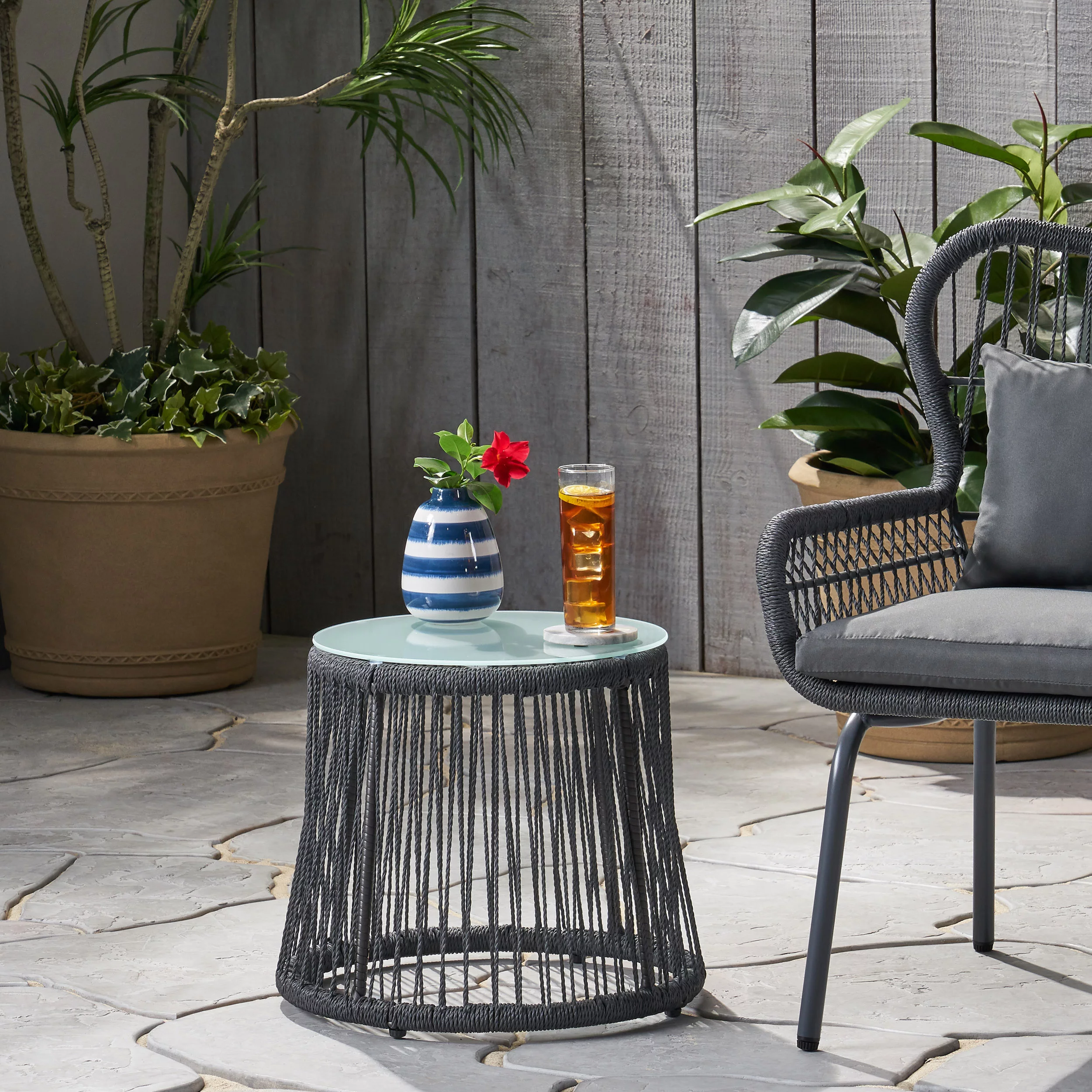 GDF Studio Sedona Indoor/Outdoor Rope and Glass Side Table, Dark Gray