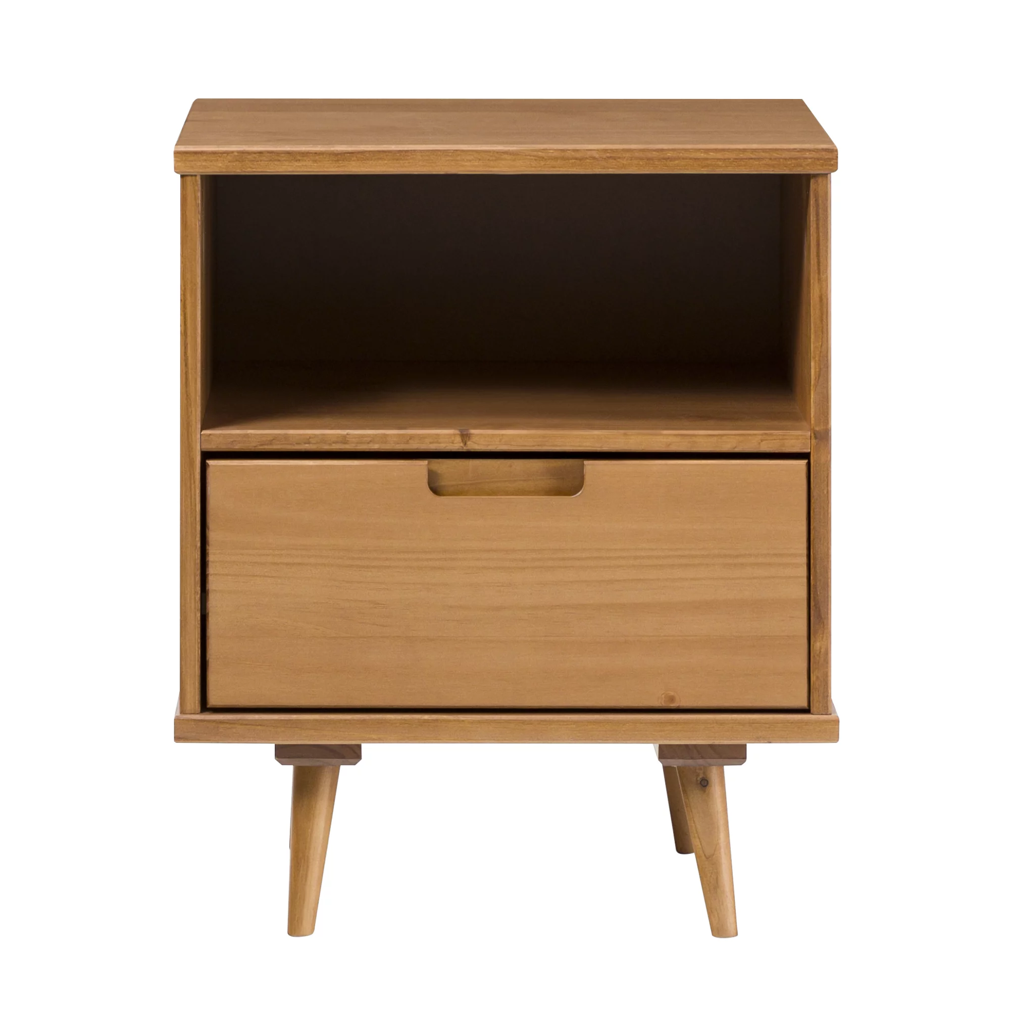 Walker Edison 24” Mid-Century Modern Groove Handle 1-Drawer Side Table, Caramel