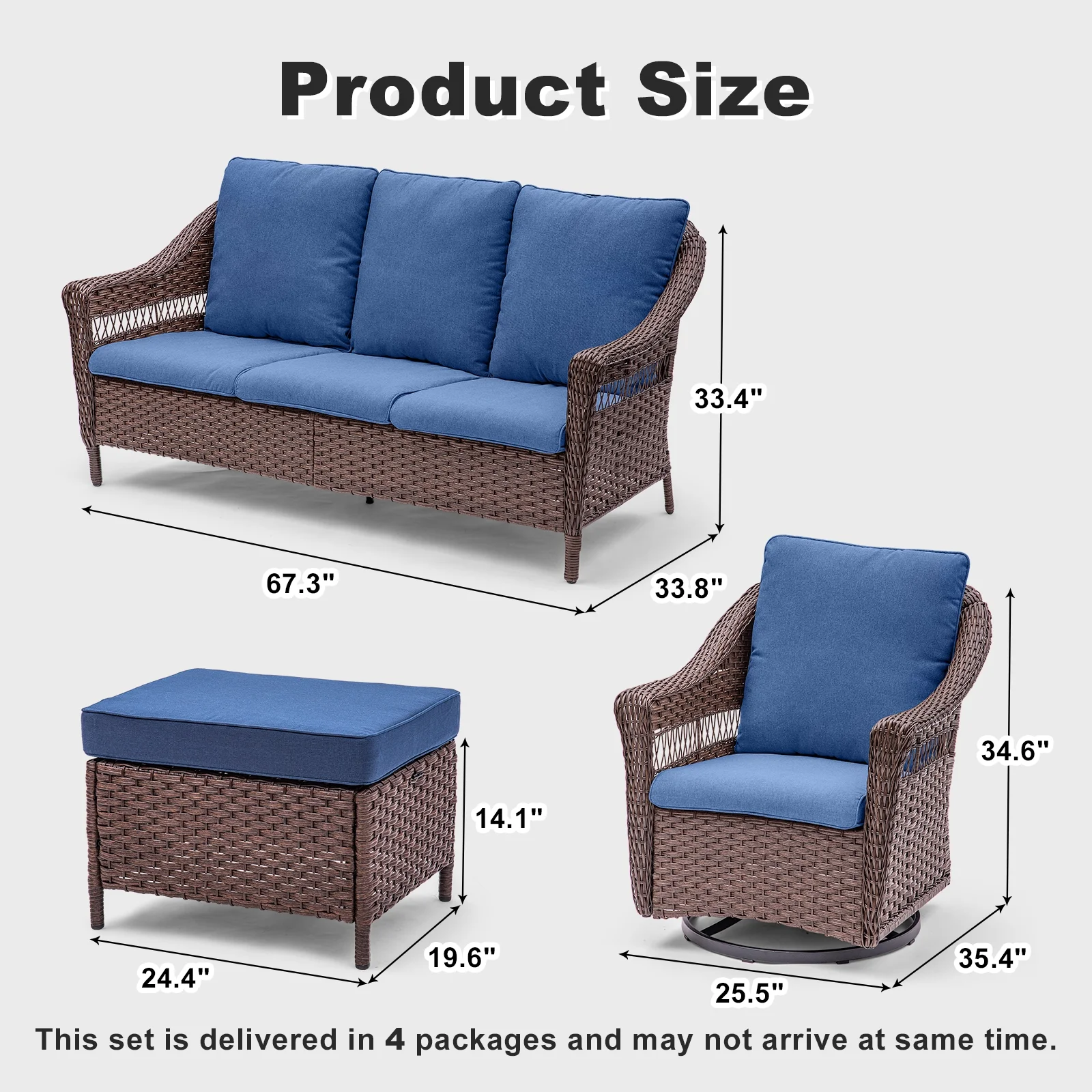 Buenhomino 5 Pieces Patio Furniture Sets, Wicker Rattan 3-Seat Sofa + 2pcs Swivel Rocker Chairs + 2pcs Assembled Ottomans with Removable Cushions, Outdoor Patio Conversation Sets, Navy