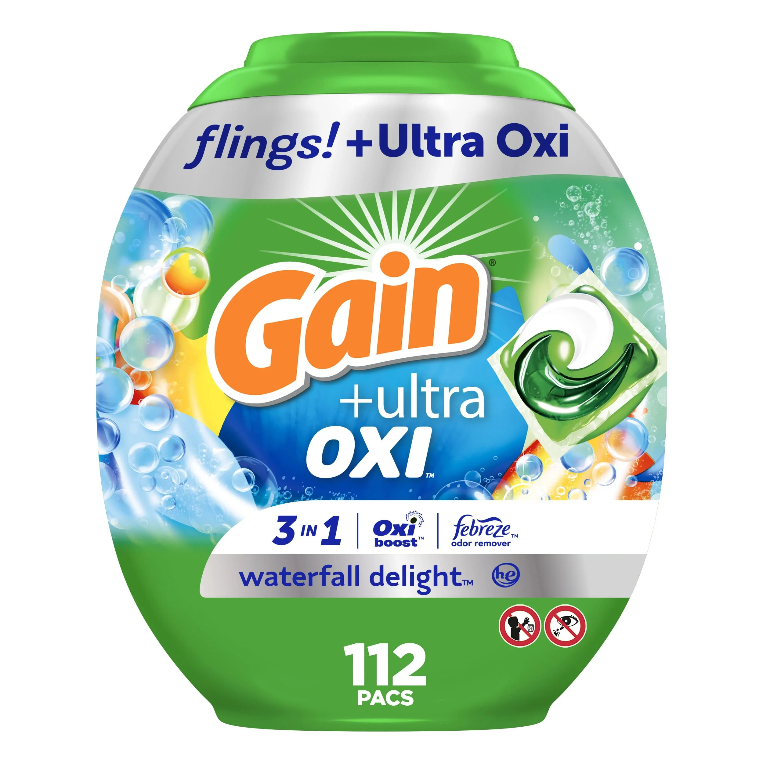 Gain Flings Ultra Oxi Laundry Detergent Pacs, 112 Count, Waterfall Delight Scent, 3-In-1, He Compatible