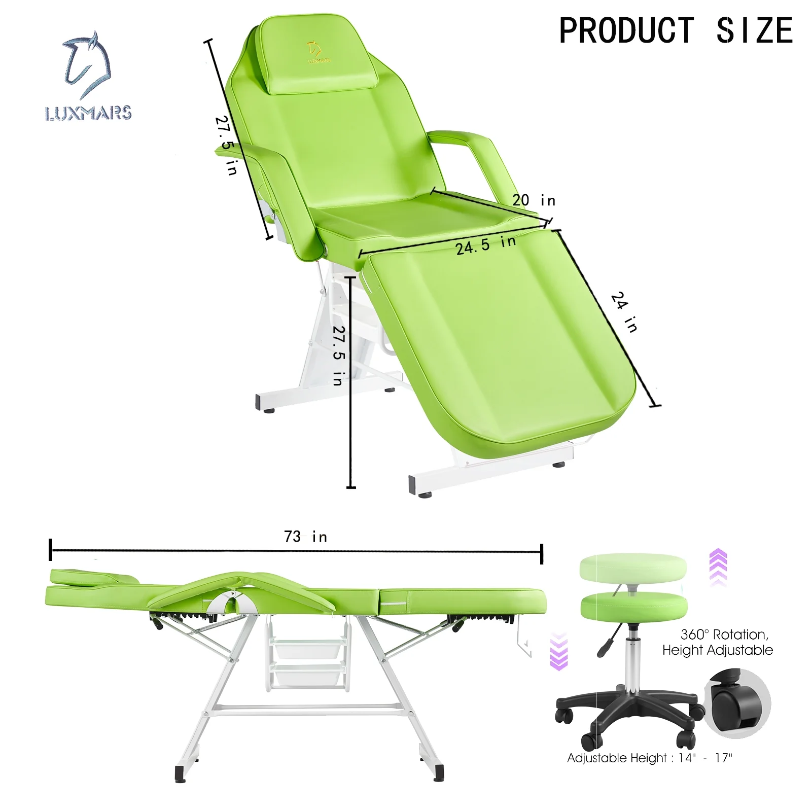 LUXMARS Massage Table Facial Lash Bed with Storage for Eyelash Extensions Salon Tattoo Chair with Stool，Green