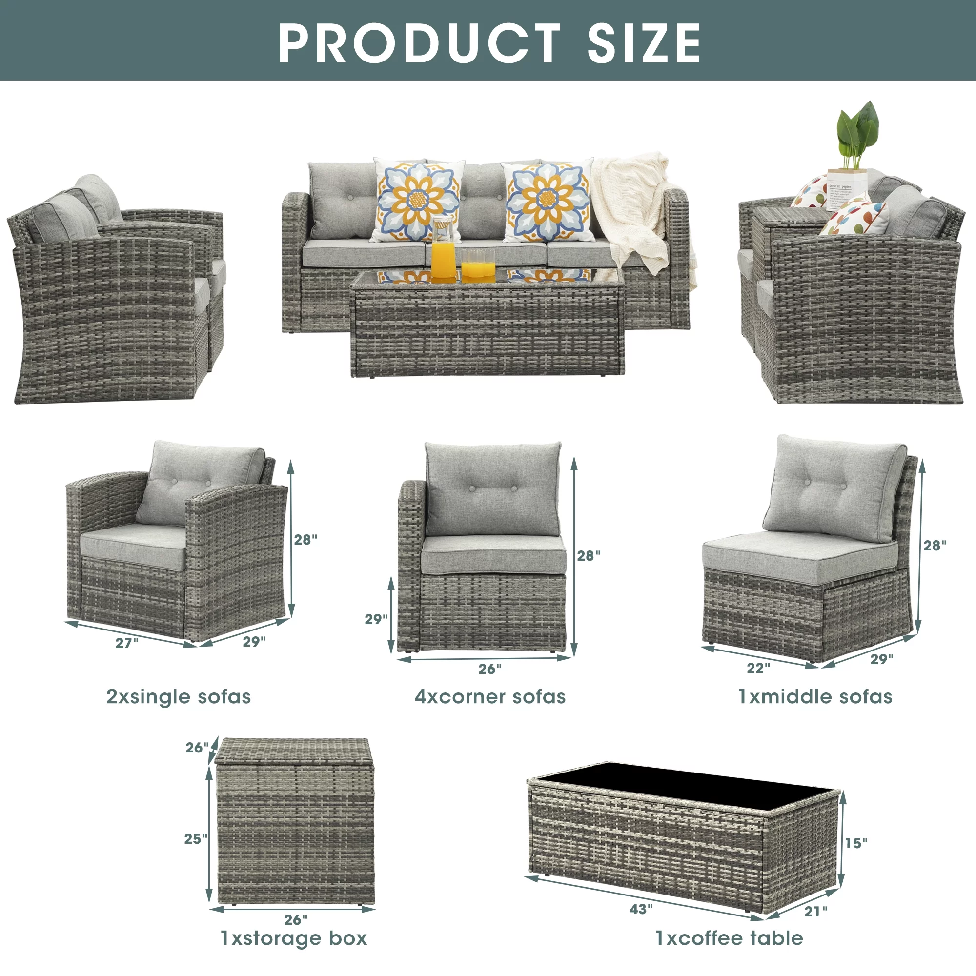 Royalcraft Outdoor Patio Furniture Set,9 Pieces Outdoor Sectional Wicker Sofa PE Rattan Conversation Sets with Non-slip Cushions,Aluminum Frame,Grey