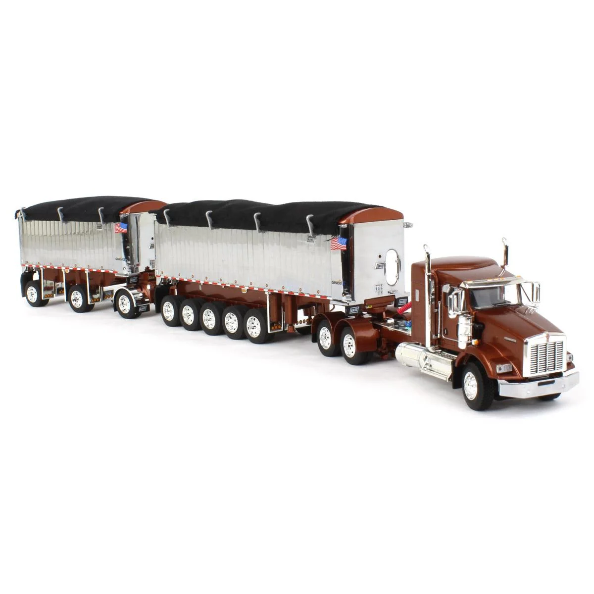 First Gear 1/64 Bronze/Chrome Kenworth T800 w/ Chrome Eat Genesis II End Dump Trailers, DCP, 60-1570