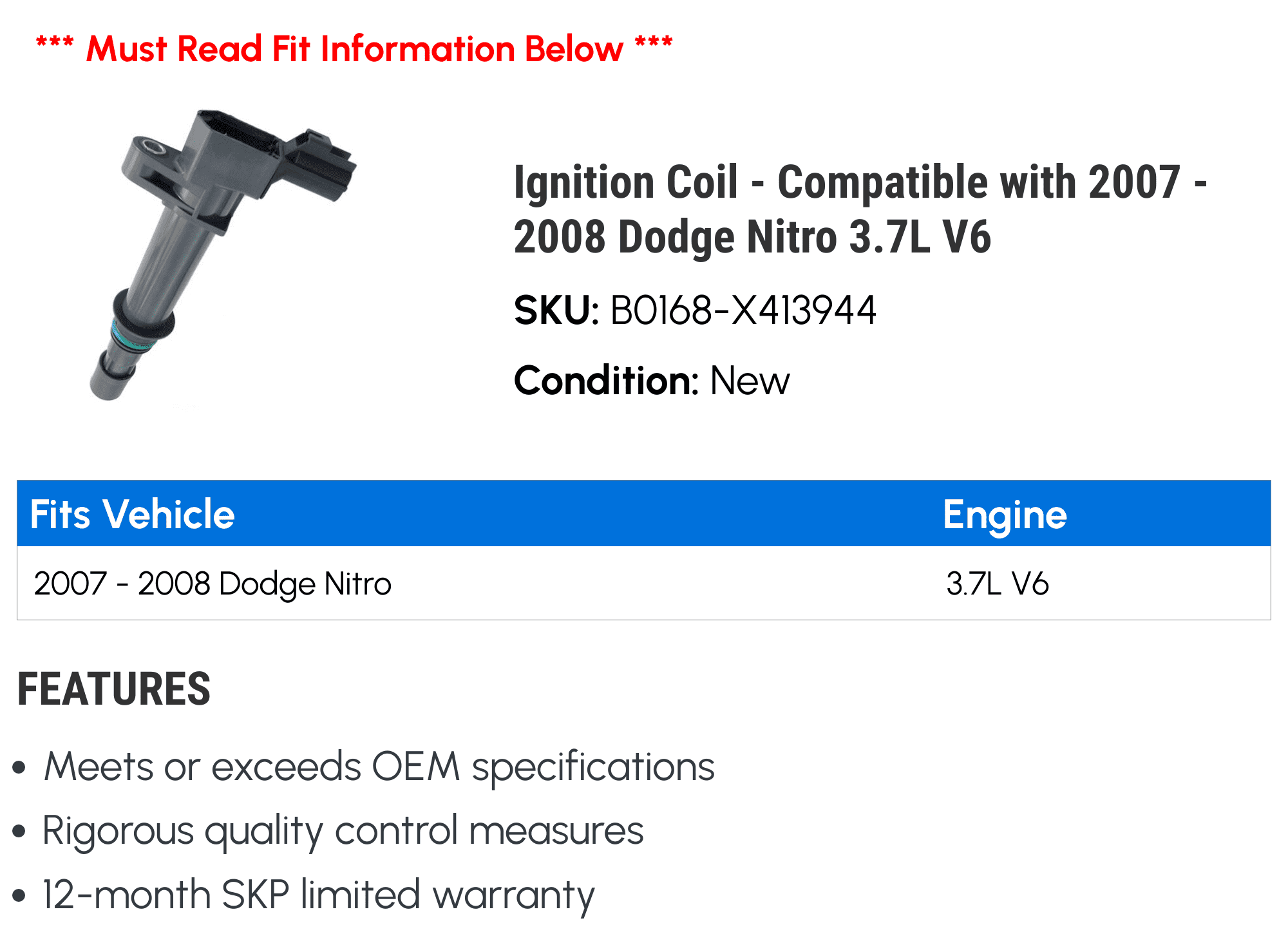 Ignition Coil - Compatible with 2007 - 2008 Dodge Nitro 3.7L V6