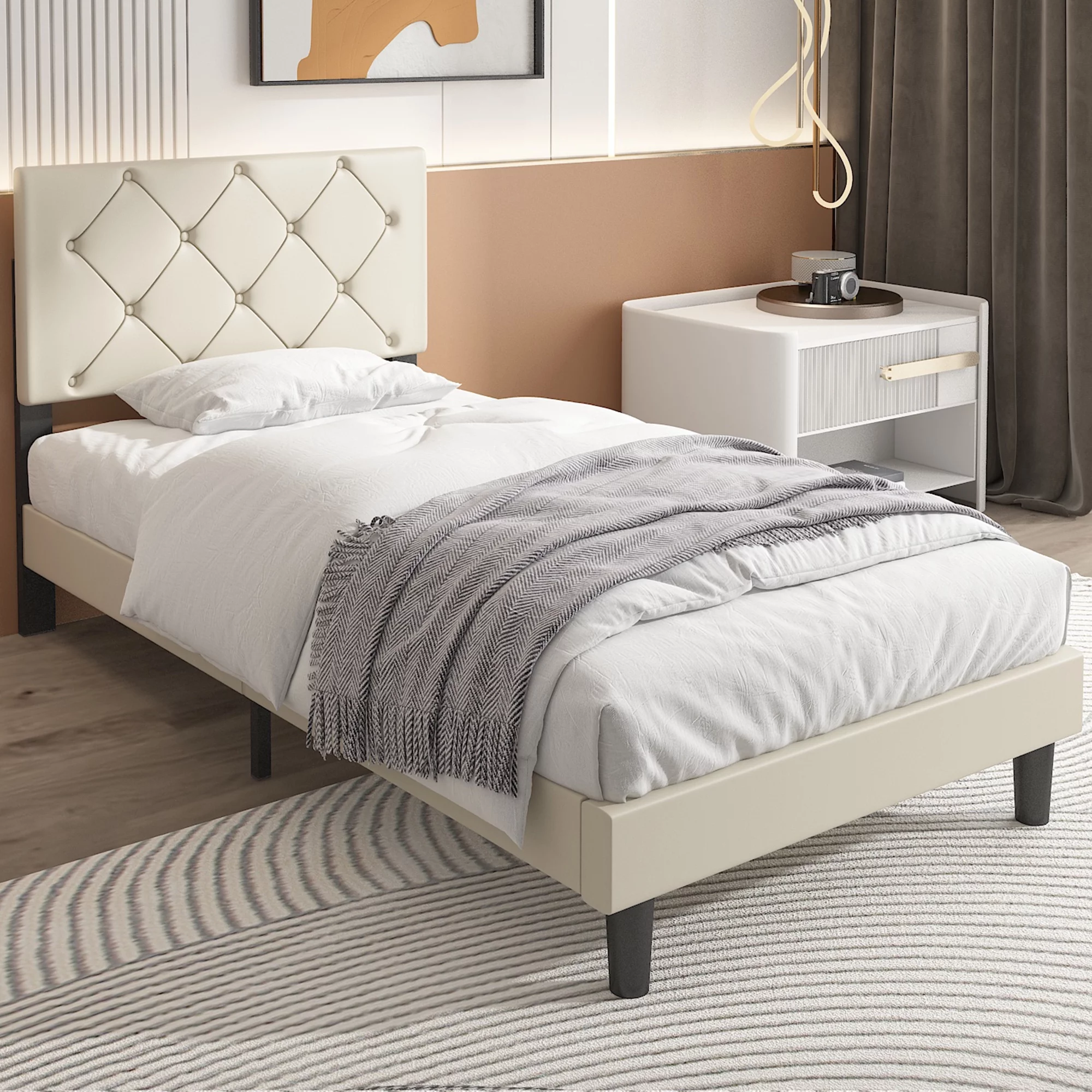uhomepro Upholstered Tufted Faux Leather Platform Twin Bed Frame with Adjustable Faux Leather Upholstered Headboard, Beige