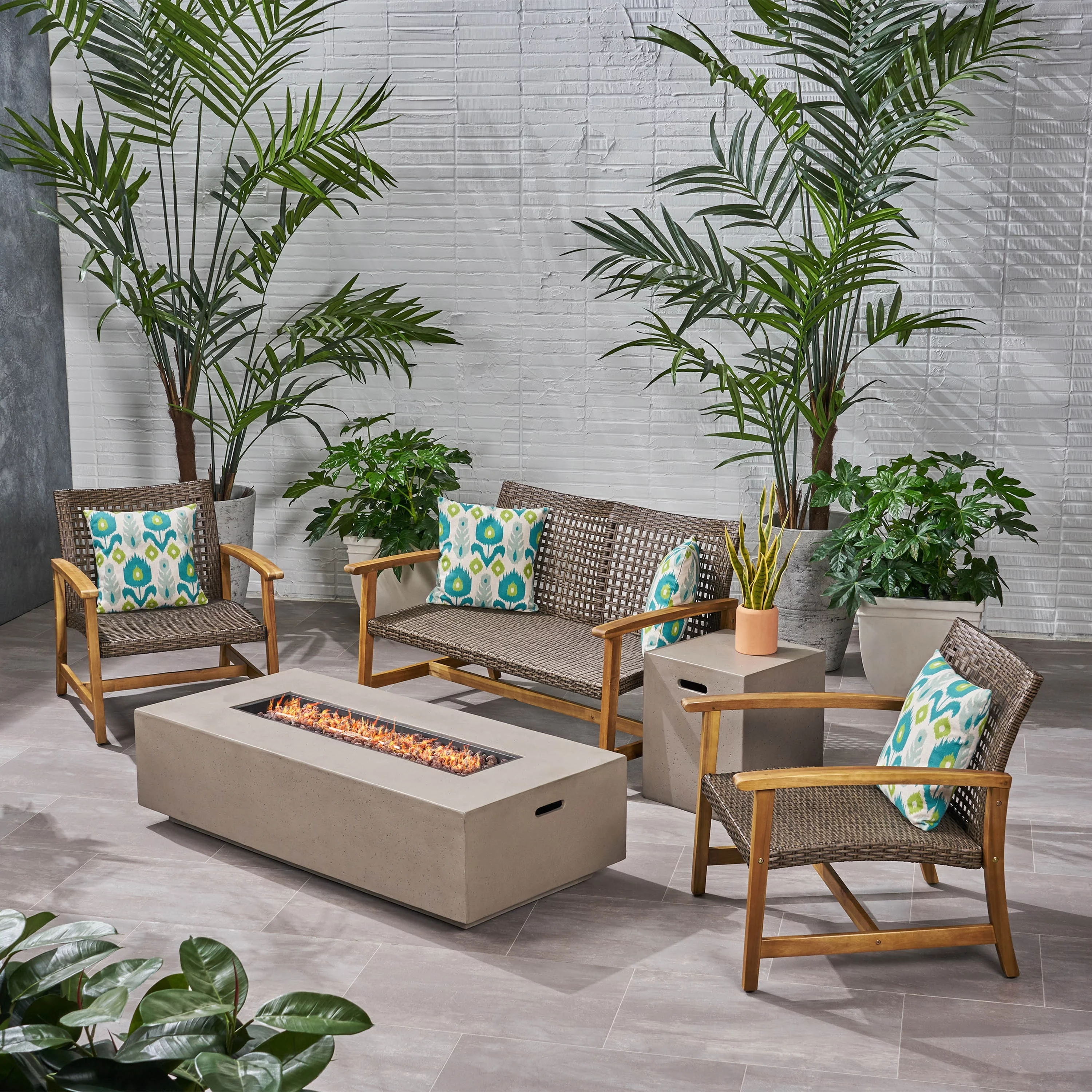 Christopher Knight Home Augusta Outdoor Acacia Wood and Wicker 4 Seater Chat Set with Fire Pit by  Dark Grey/Light Grey/Mixed Black