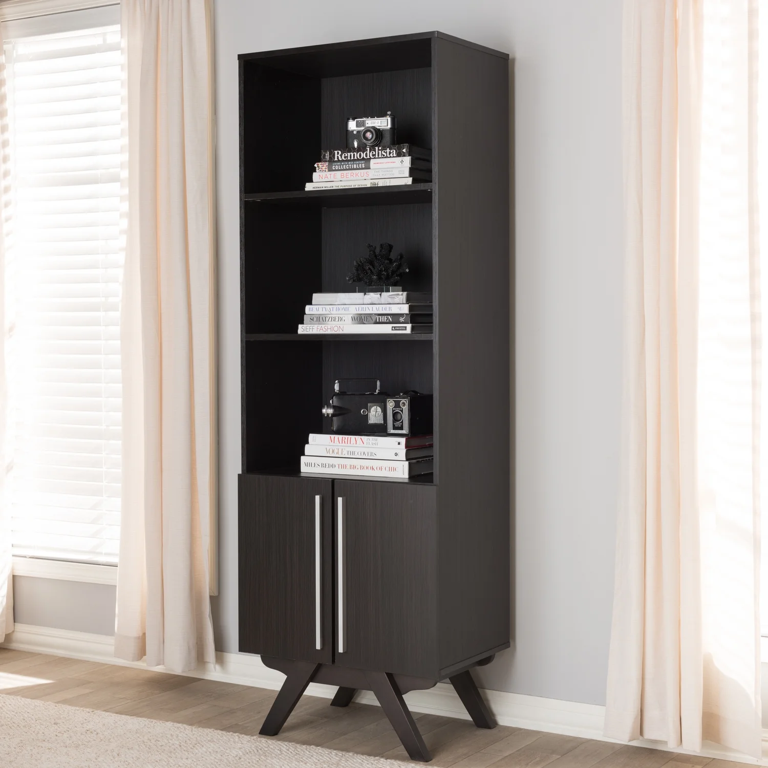 Baxton Studio Ashfield Mid-Century Modern Espresso Brown Finished Wood Bookcase-Color:Brown,Finish:Dark Wood,Material:Particle Board/MDF,Quantity:1,Style:Mid-Century