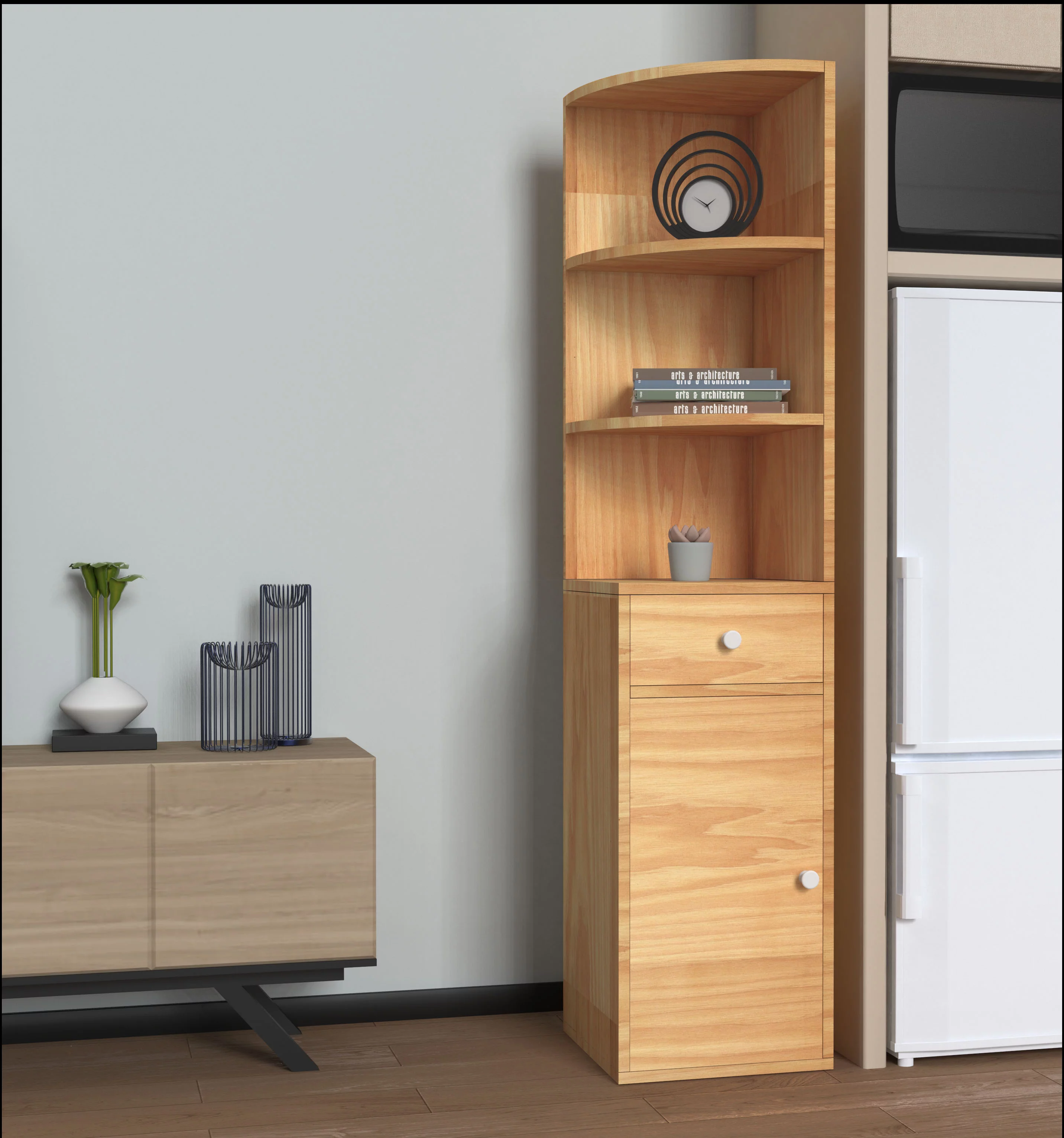 Ansley&HosHo 4 Tier Open Storage Book Shelves and Bookcase Wood Bookshelves Free Standing Drawer Door Display Rack for Bedroom, Living Room, Home Office,Wood