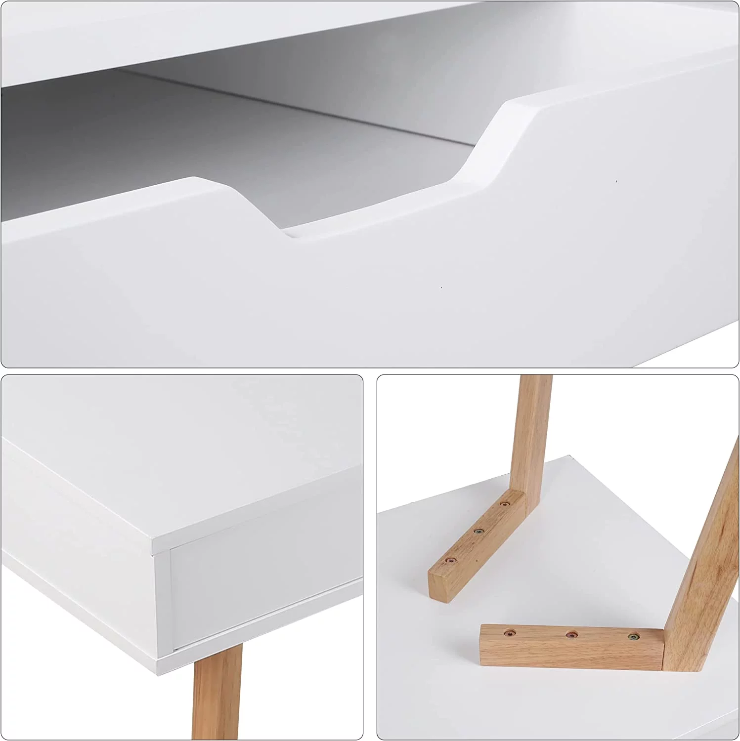 White Computer Writing Desk with 2 Drawers, Modern Home Office Desk with 4 Oak Legs, Small Makeup Vanity Table Desk Console Study Table