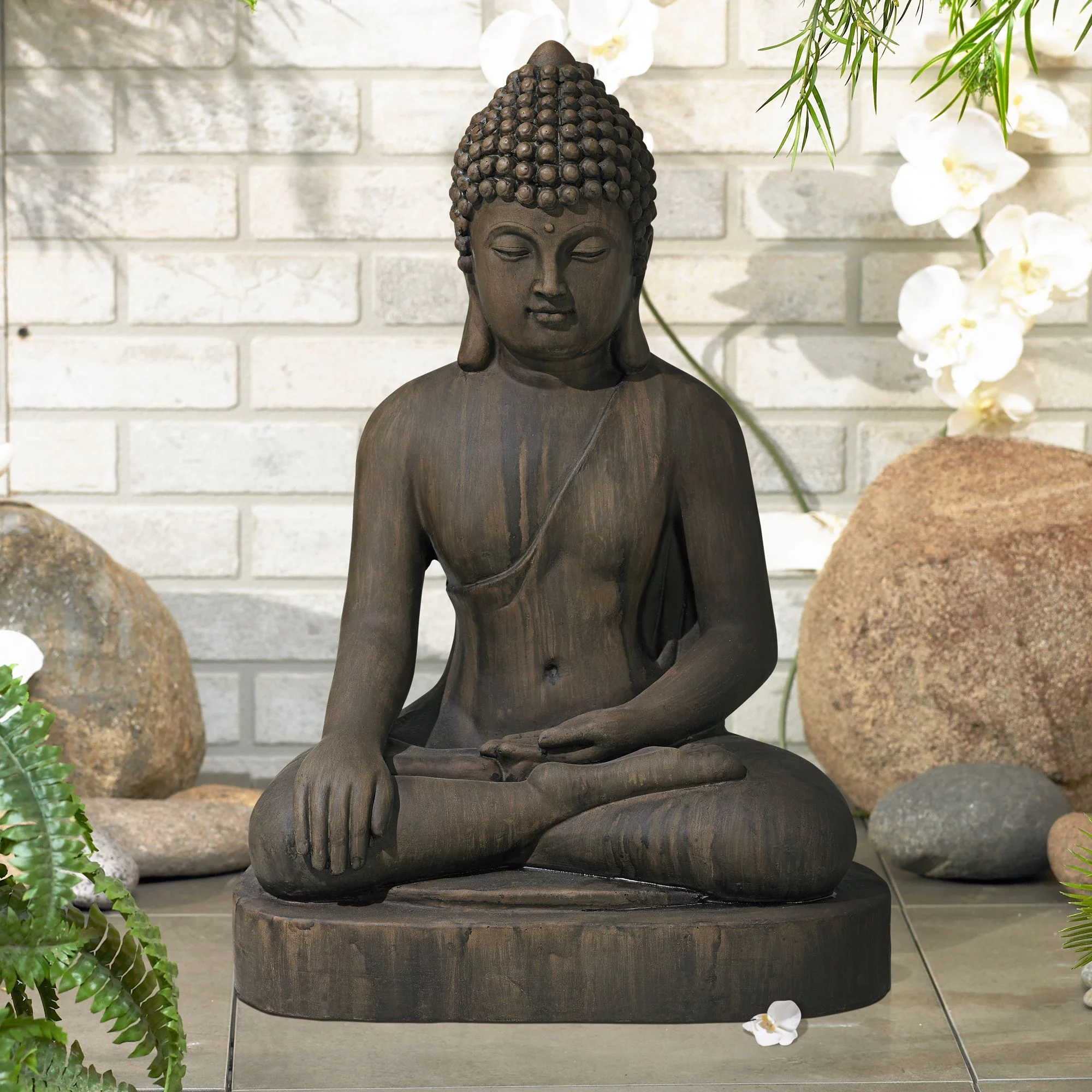 John Timberland Sitting Buddha Statue Sculpture Zen Asian Decor Outdoor Garden Yard Dark Sandstone Faux Stone Finish 29 1/2
