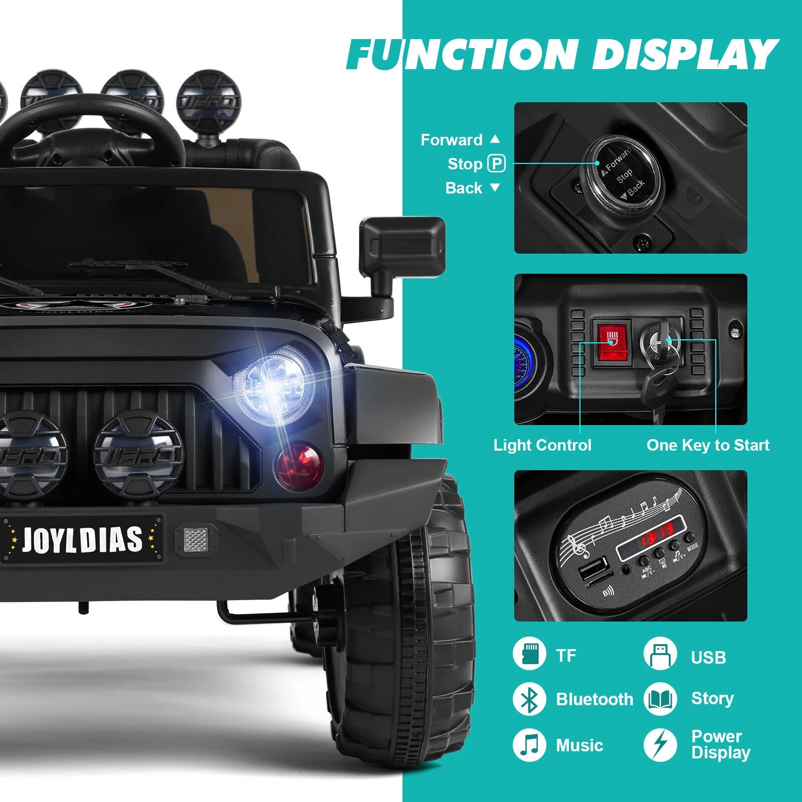 12V Kids Ride On Truck Electric Car with DIY Stickers, Bluetooth, Remote Control, MP3 Player, LED Lights (Black)