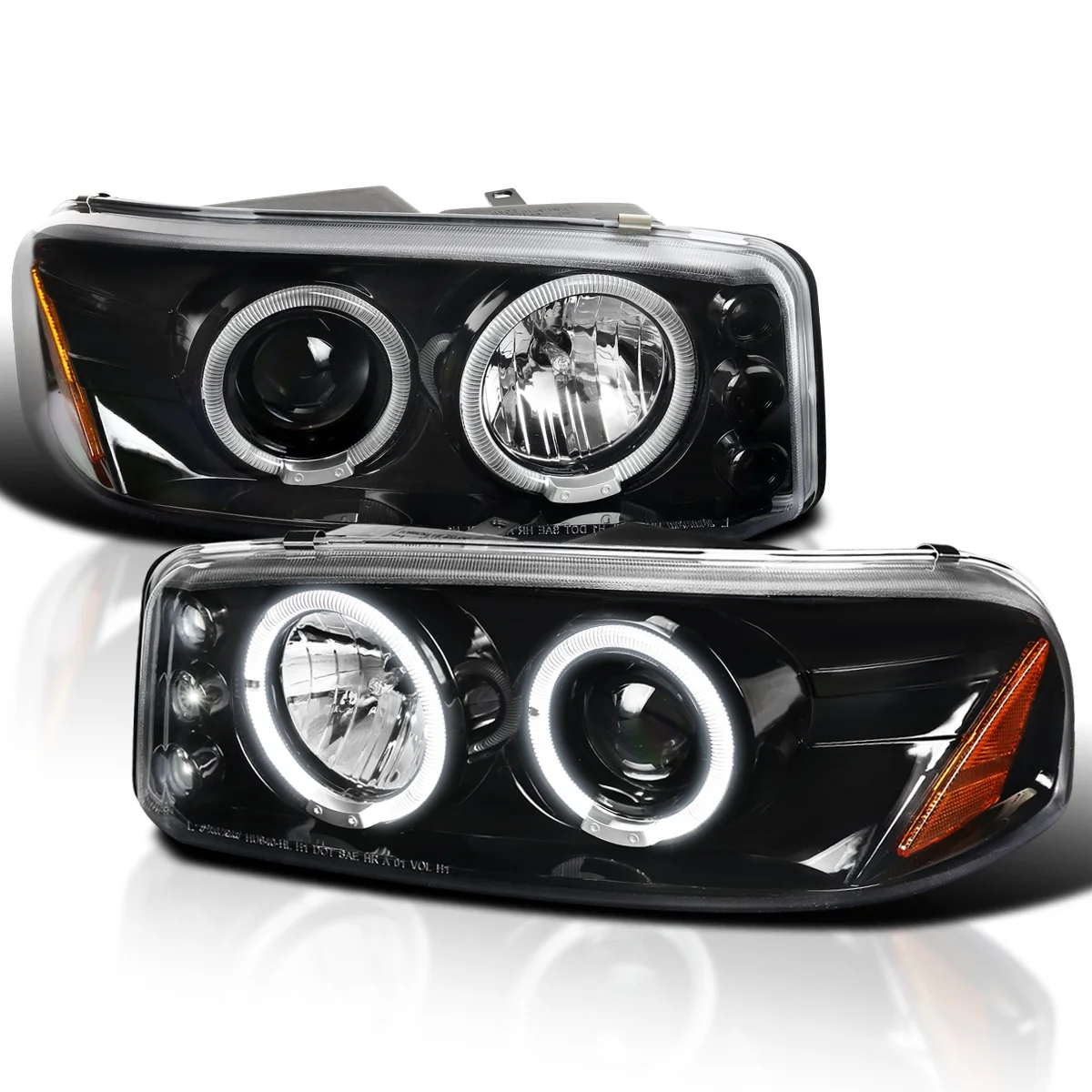 Spec-D Tuning LED Halo Jet Black Projector Headlights Compatible with 1999-2006 GMC Sierra 1500/2500/3500, Left + Right Pair Headlamps Assembly