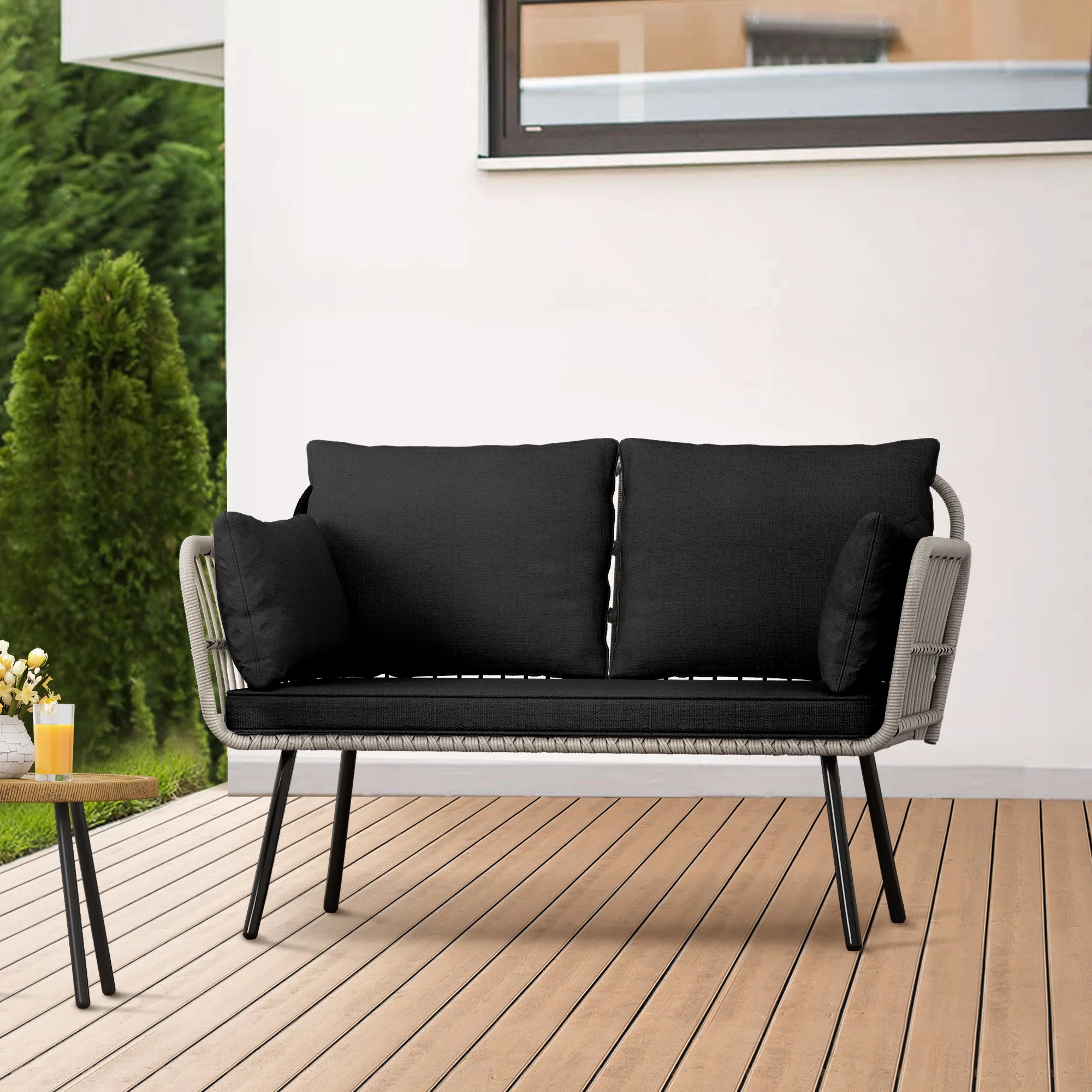 Dextrus Outdoor Patio Furniture Loveseat, Wicker Rattan Sofa - BLACK