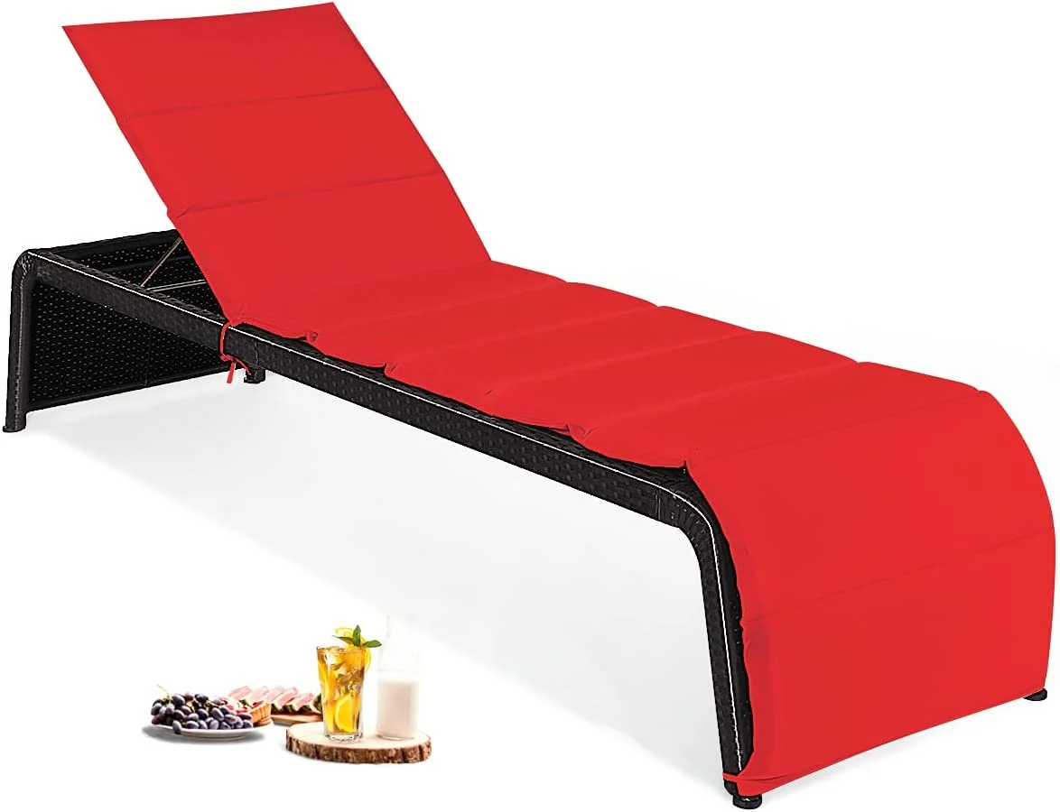DORTALA Outdoor Chaise Lounge Chair, 5-Position Adjustable Rattan Recliner Chair w/Cushioned Seating and Adjustable Feet, Multifunctional Couch Furniture forPatio, Poolside, Red
