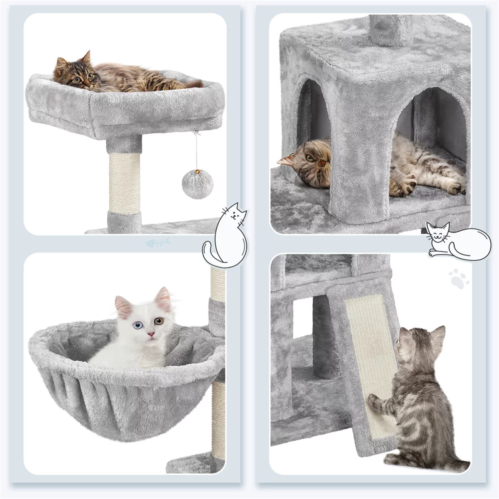 Topeakmart 53.5-in Cat Tree & Condo Scratching Post Tower with Dangling Ball and Ramp, Light Gray