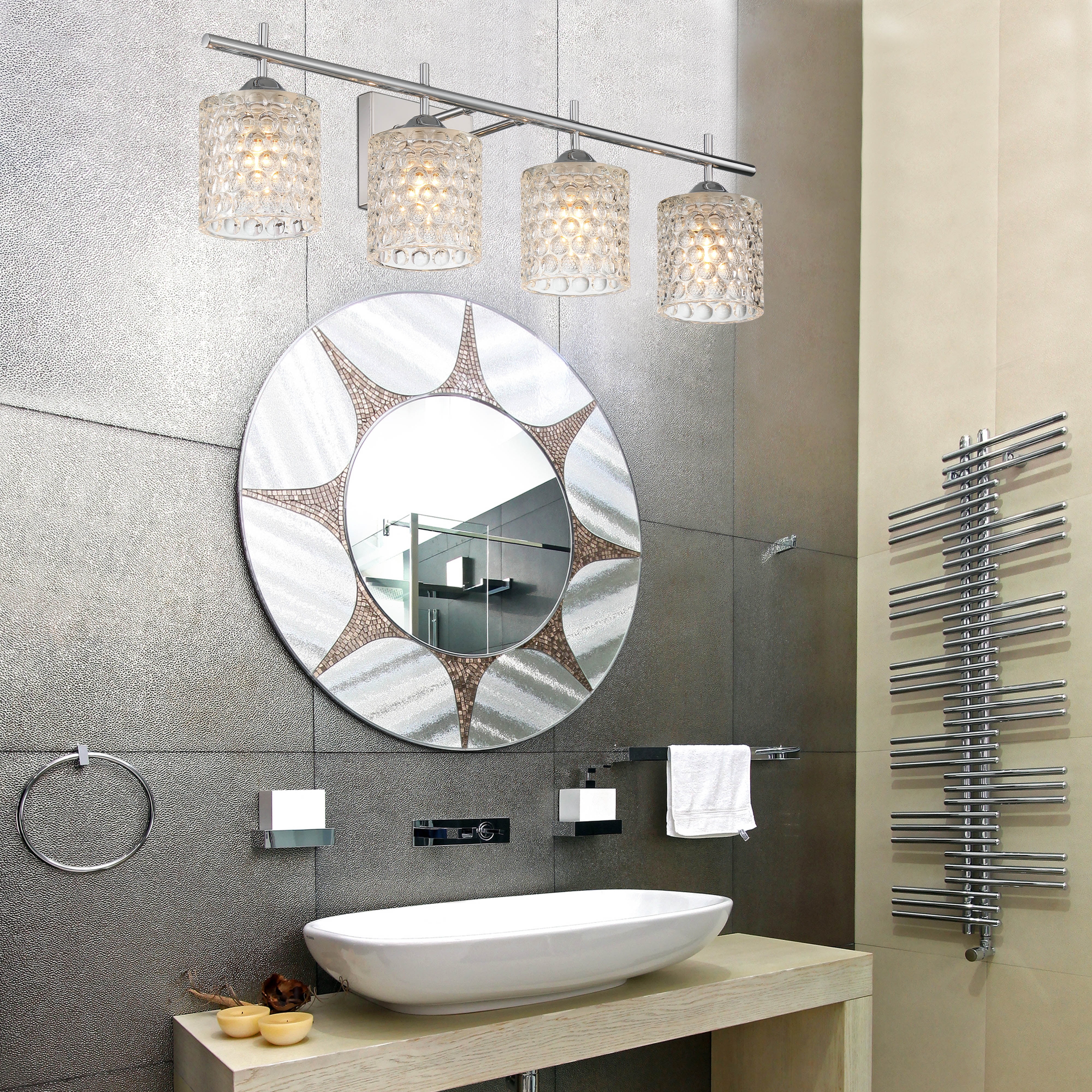 Vanity Art Modern Elegant Cut Crystal Bathroom Vanity Light Fixtures Chrome 4 Lights Vanity Lighting Over Mirror Wall Sconce with Clear Glass Shade for Hallway Kitchen Living Room 10004BD-C01